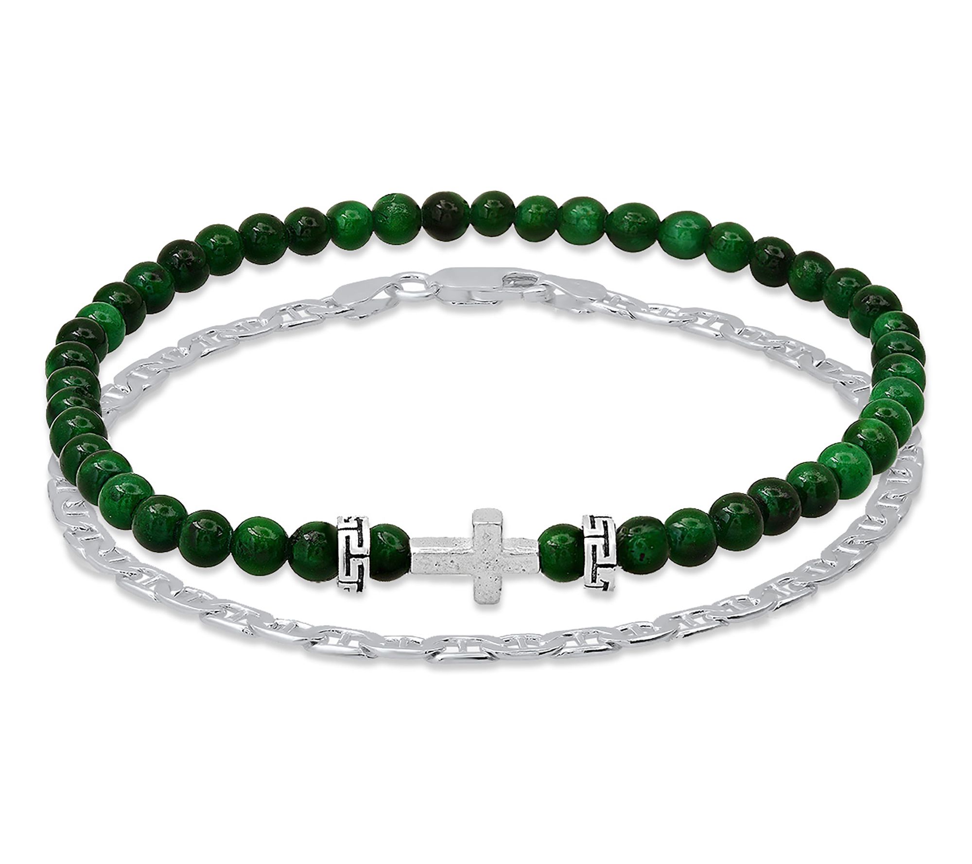 Men's Sterling Silver Green Agate & Figaro Chain Bracelet Set