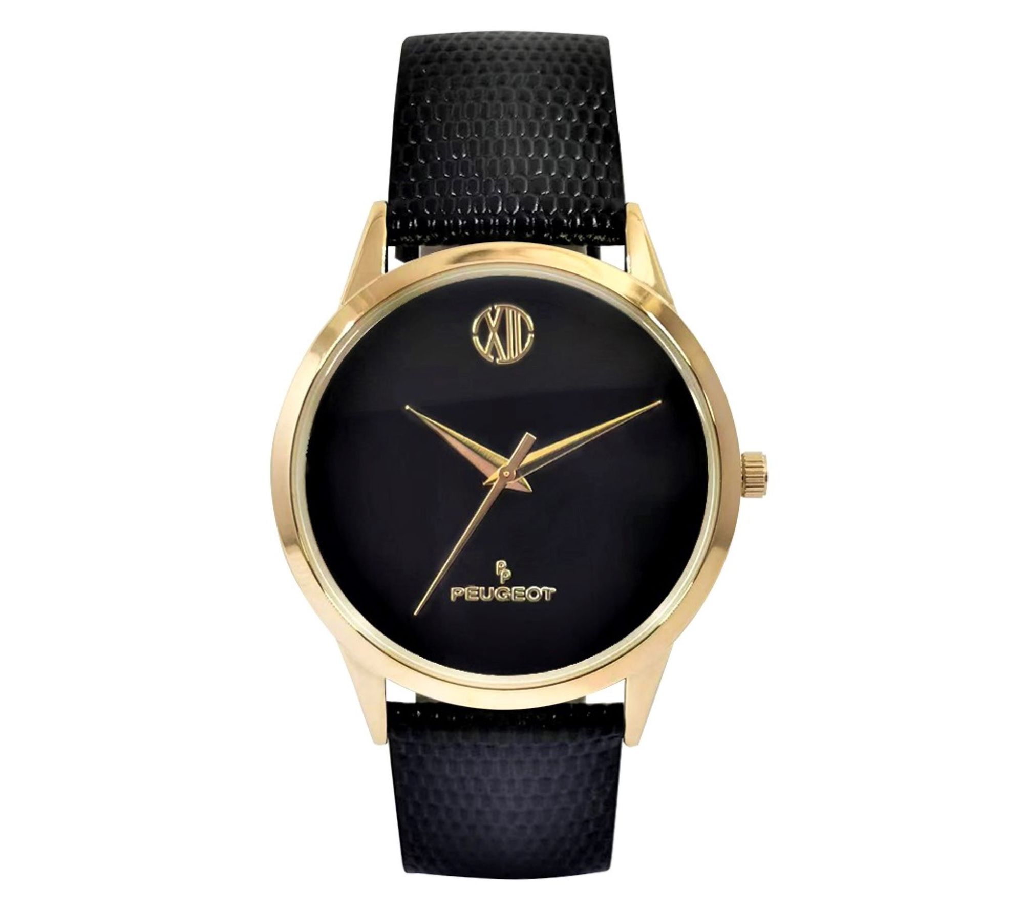 Puegeot Men's Goltone Wafer Slim Leather StrapWatch