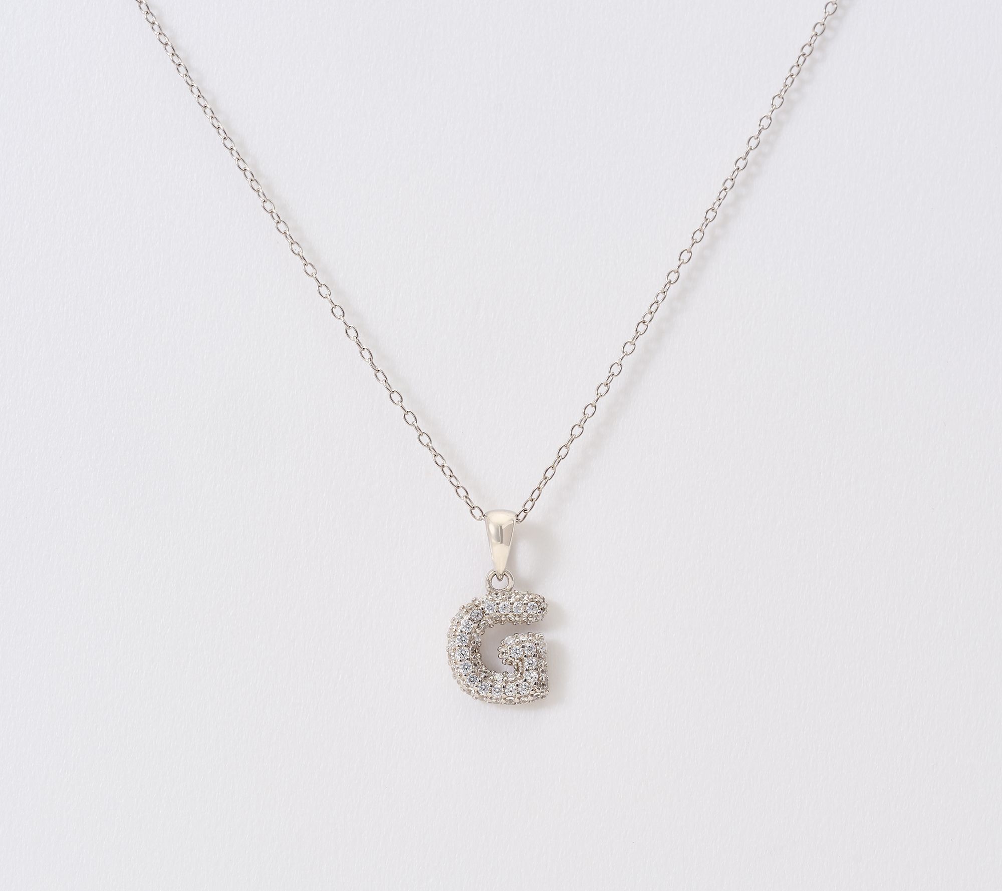 Diamonique Puffed Pave Bale Initial Necklace w/ Box, Sterling