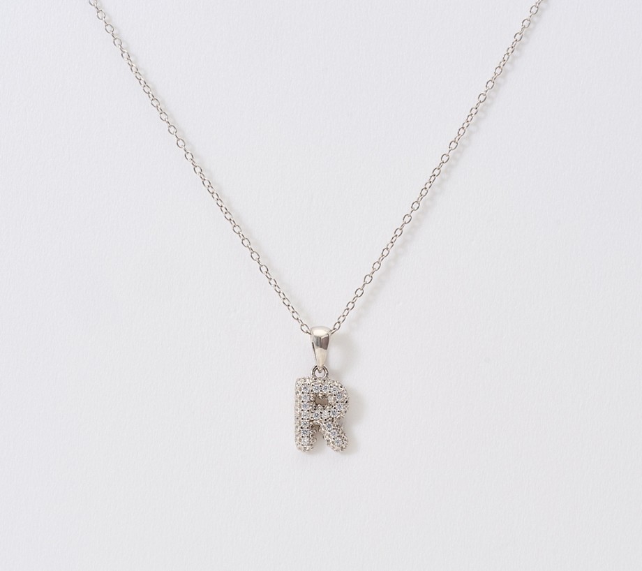 Diamonique Puffed Pave Bale Initial Necklace w/ Box, Sterling