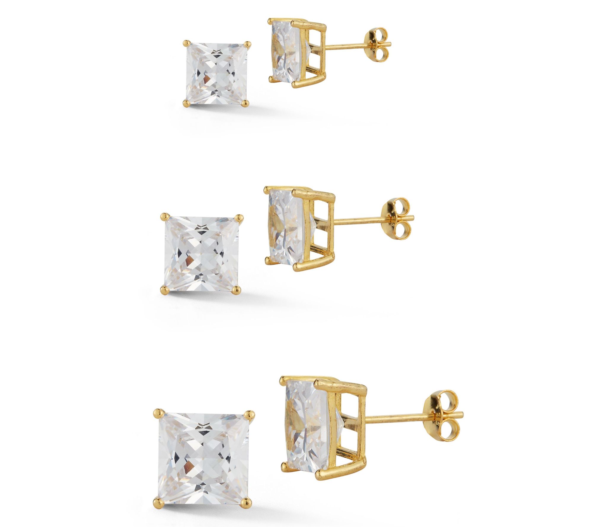 Sterlina Silver Set of 3 Princess-Cut Stud Earrings, Sterling