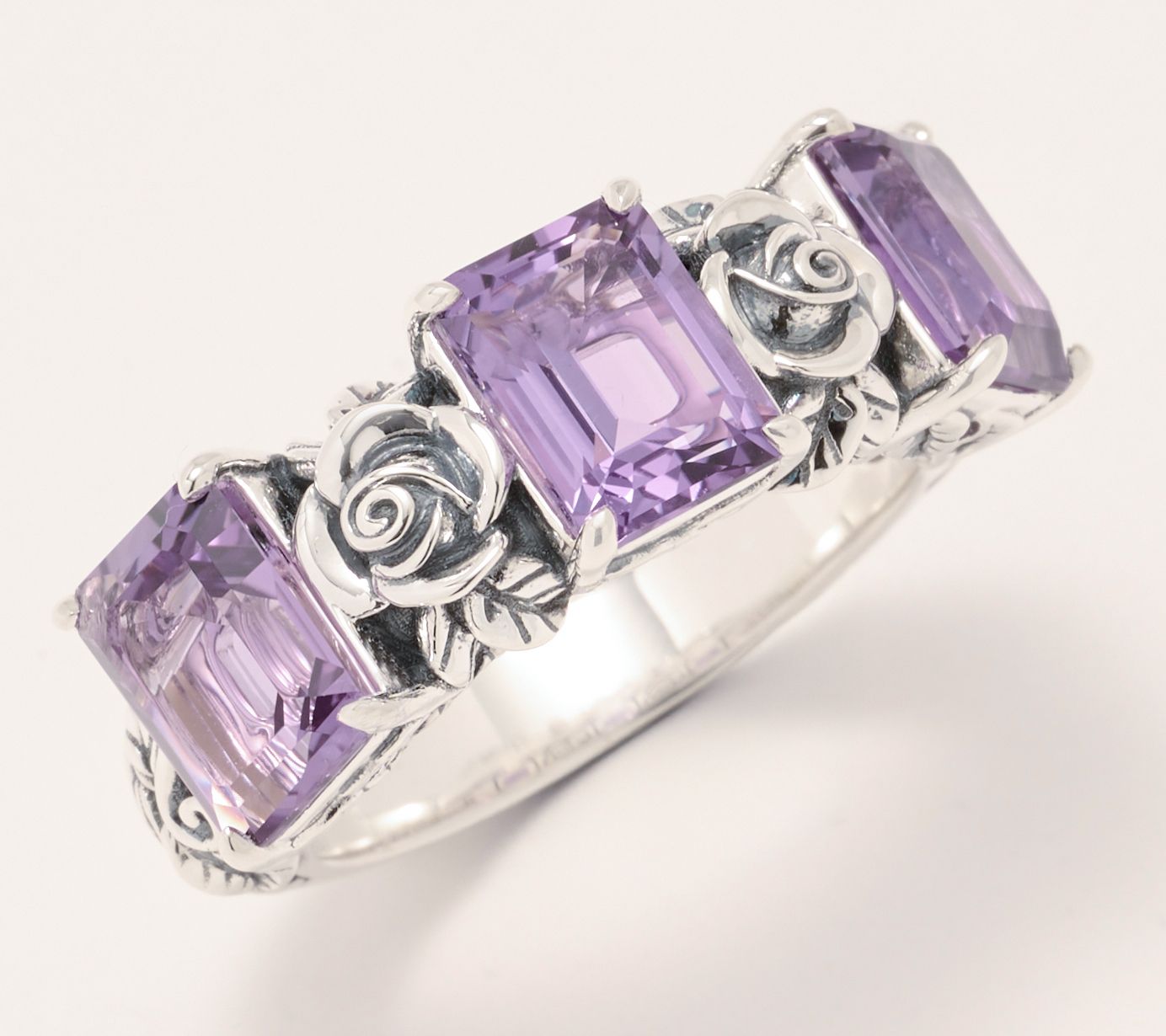 Third Person Sterling Silver Emerald Cut Gemstone Rose 3 Stone Ring