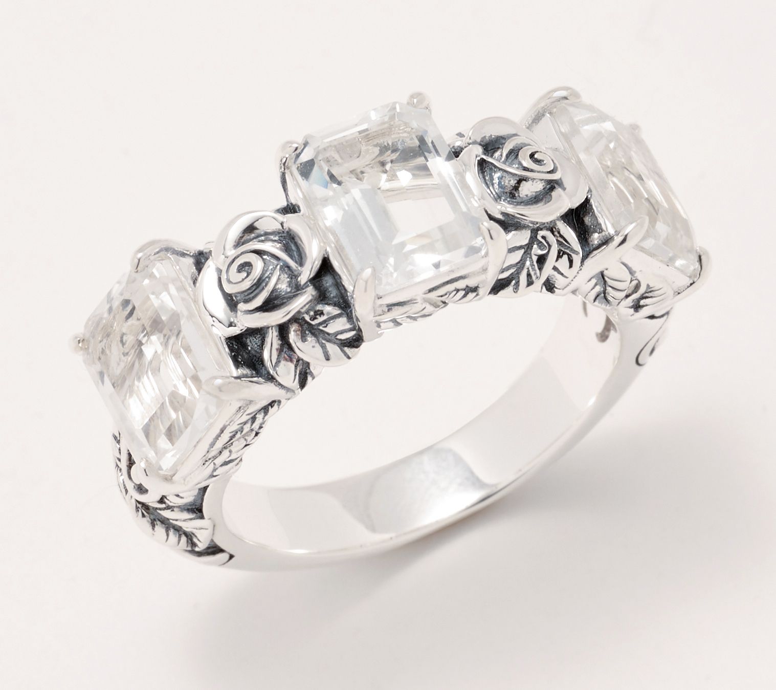 Third Person Sterling Silver Emerald Cut Gemstone Rose 3 Stone Ring