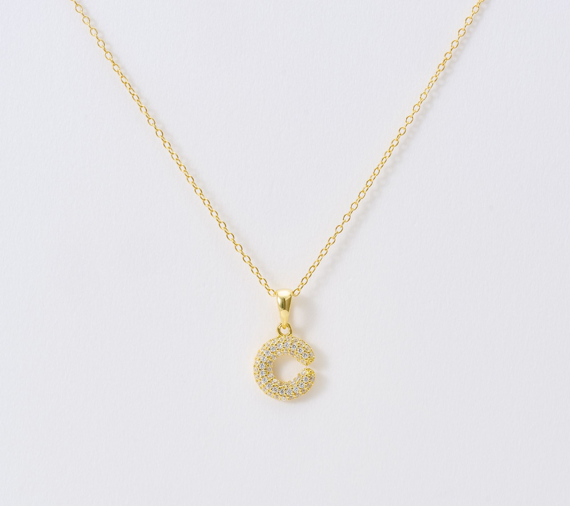 Diamonique Puffed Pave Bale Initial Necklace w/ Box, 14k Plated