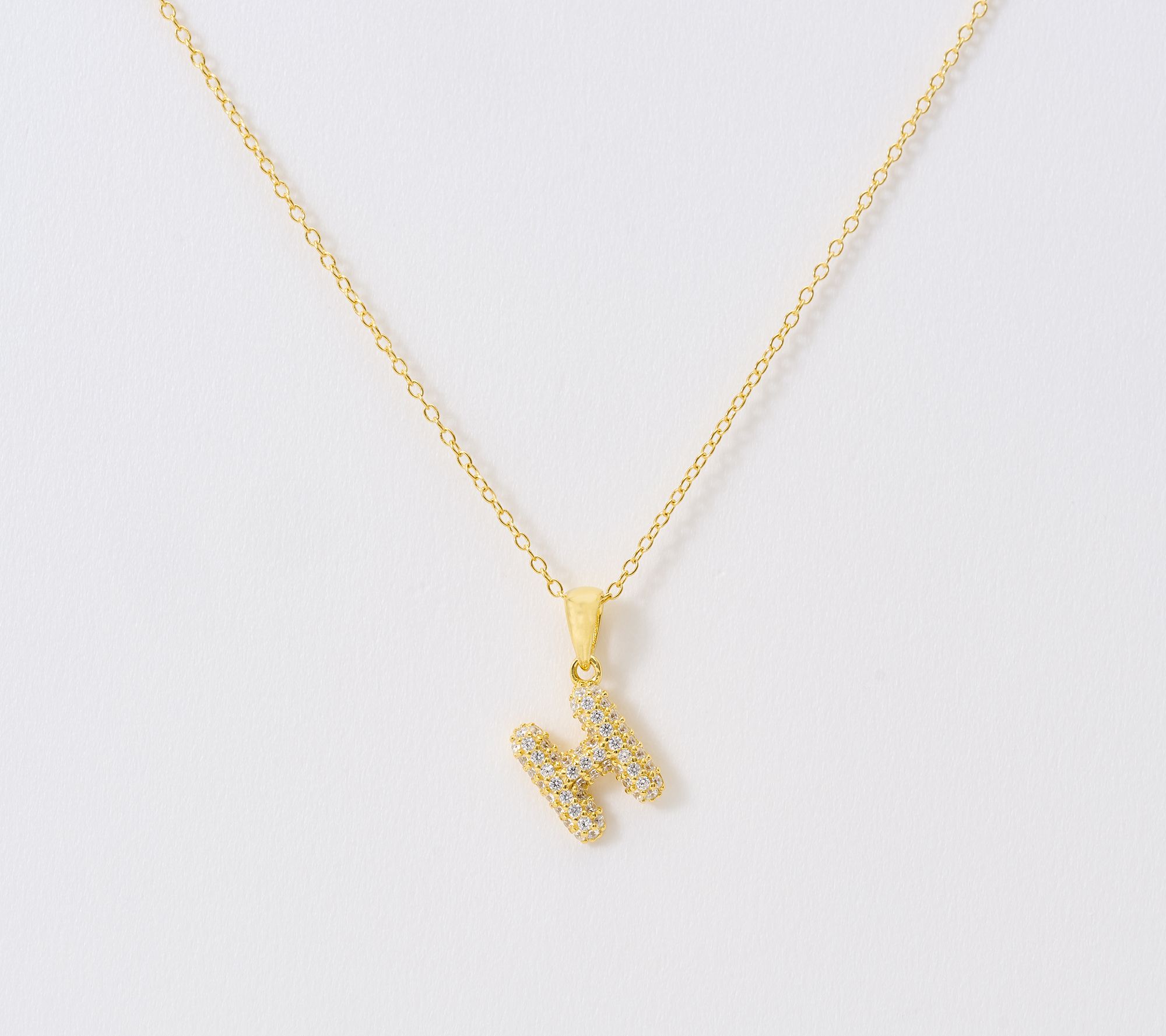 Diamonique Puffed Pave Bale Initial Necklace w/ Box, 14k Plated