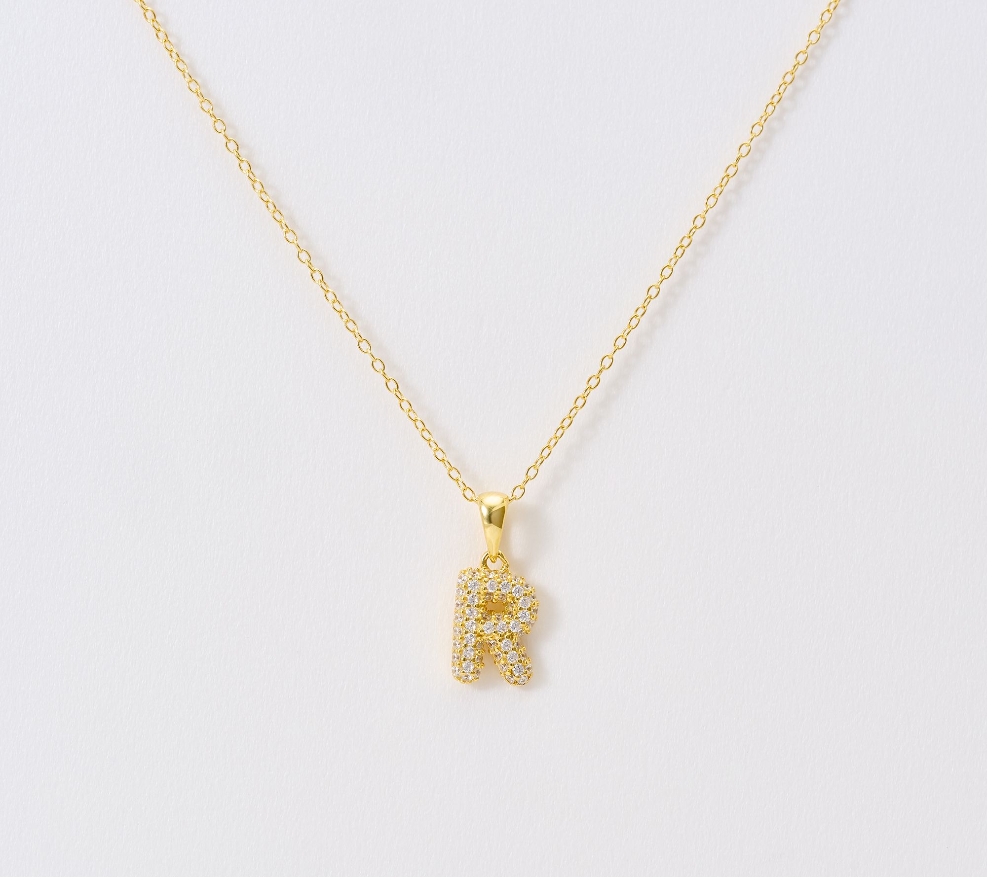 Diamonique Puffed Pave Bale Initial Necklace w/ Box, 14k Plated