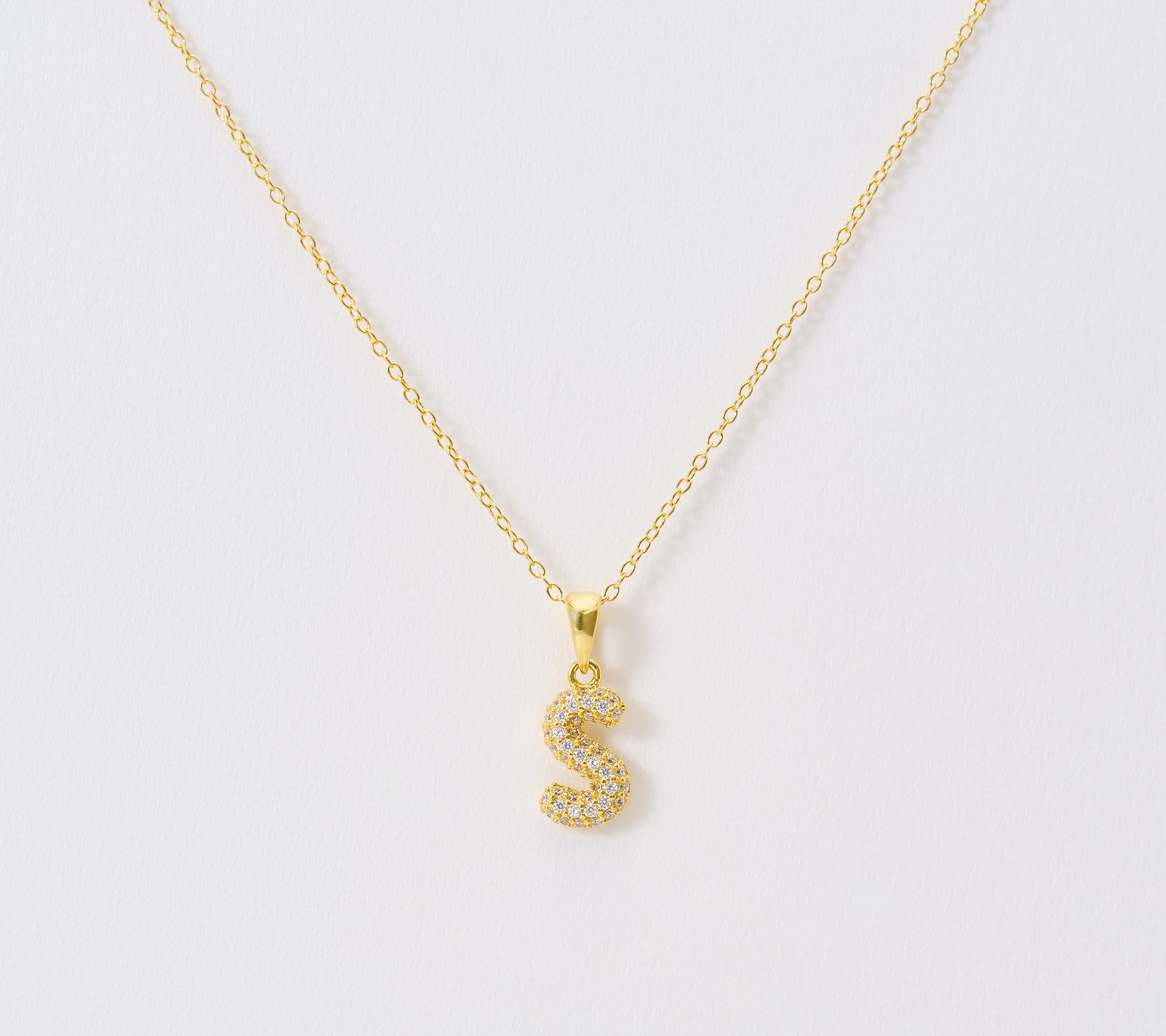Diamonique Puffed Pave Bale Initial Necklace w/ Box, 14k Plated