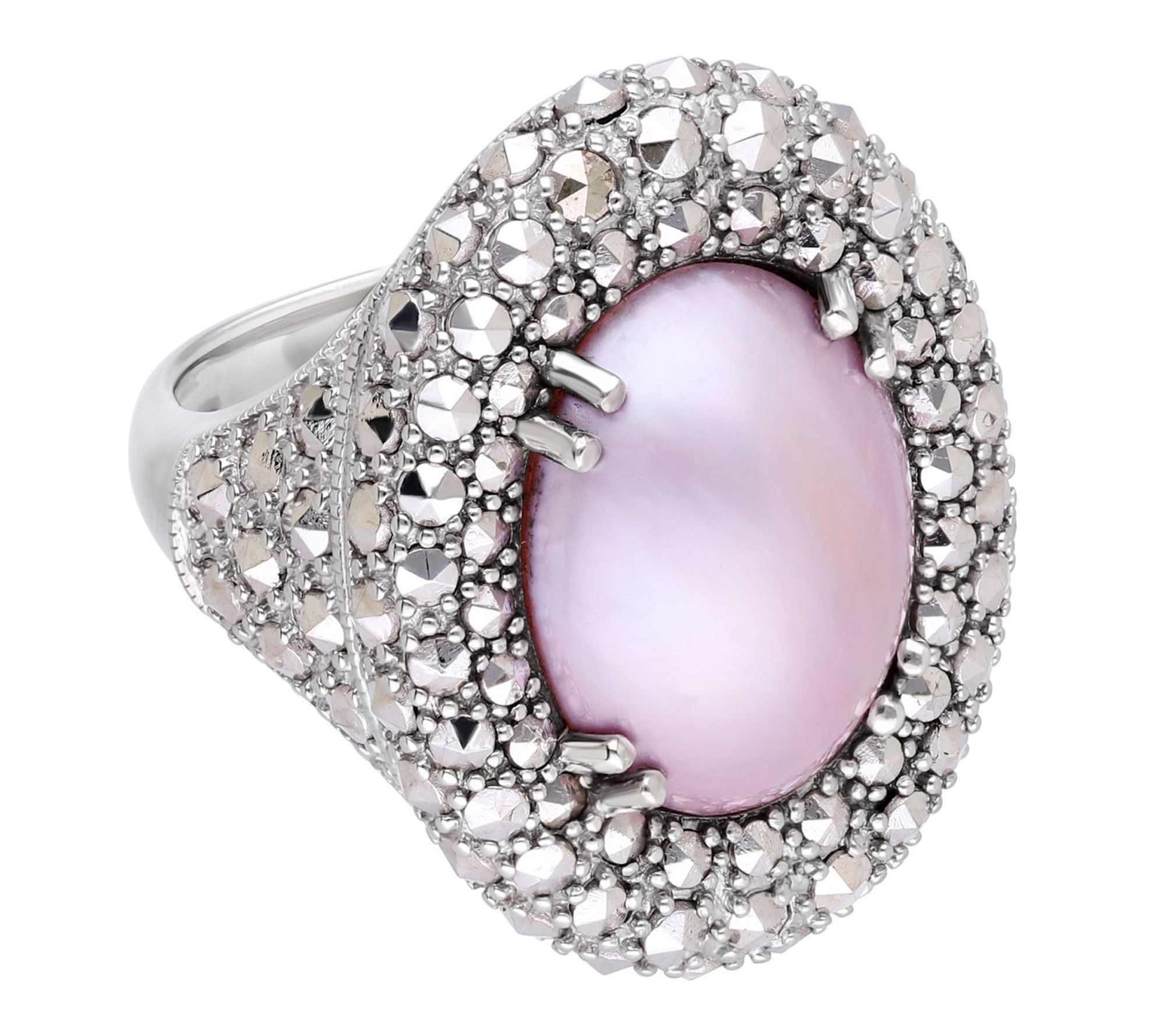 Dallas Prince Sterling Chrome Marcasite Pink Mabe Pearl Ring