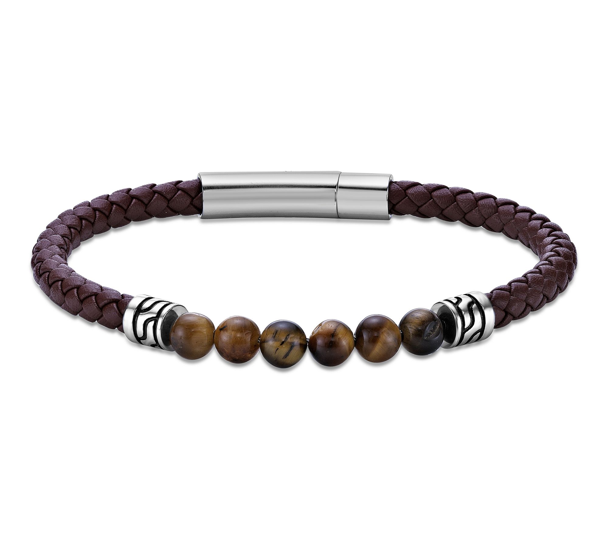 LYNX Men's Stainless Steel Gemstone Bead Leather Bracelet
