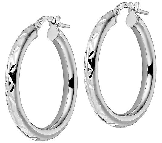 Italian Silver 1" Diamond-Cut Round Hoop Earrings