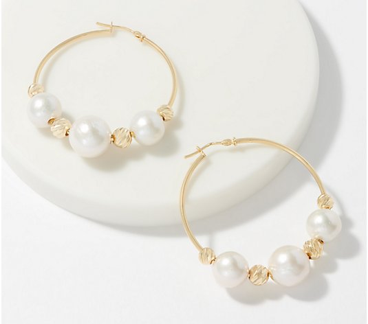 Italian Gold Cultured Pearl Diamond Cut Bead Hoop Earrings, 14K - QVC.com