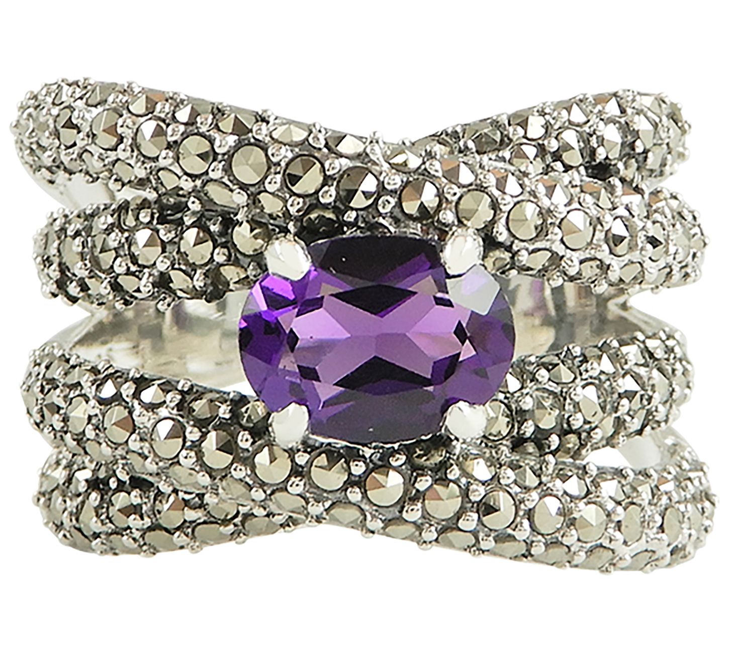 Suspicion Sterling Simulated Amethyst & Marcasite Highway Ring