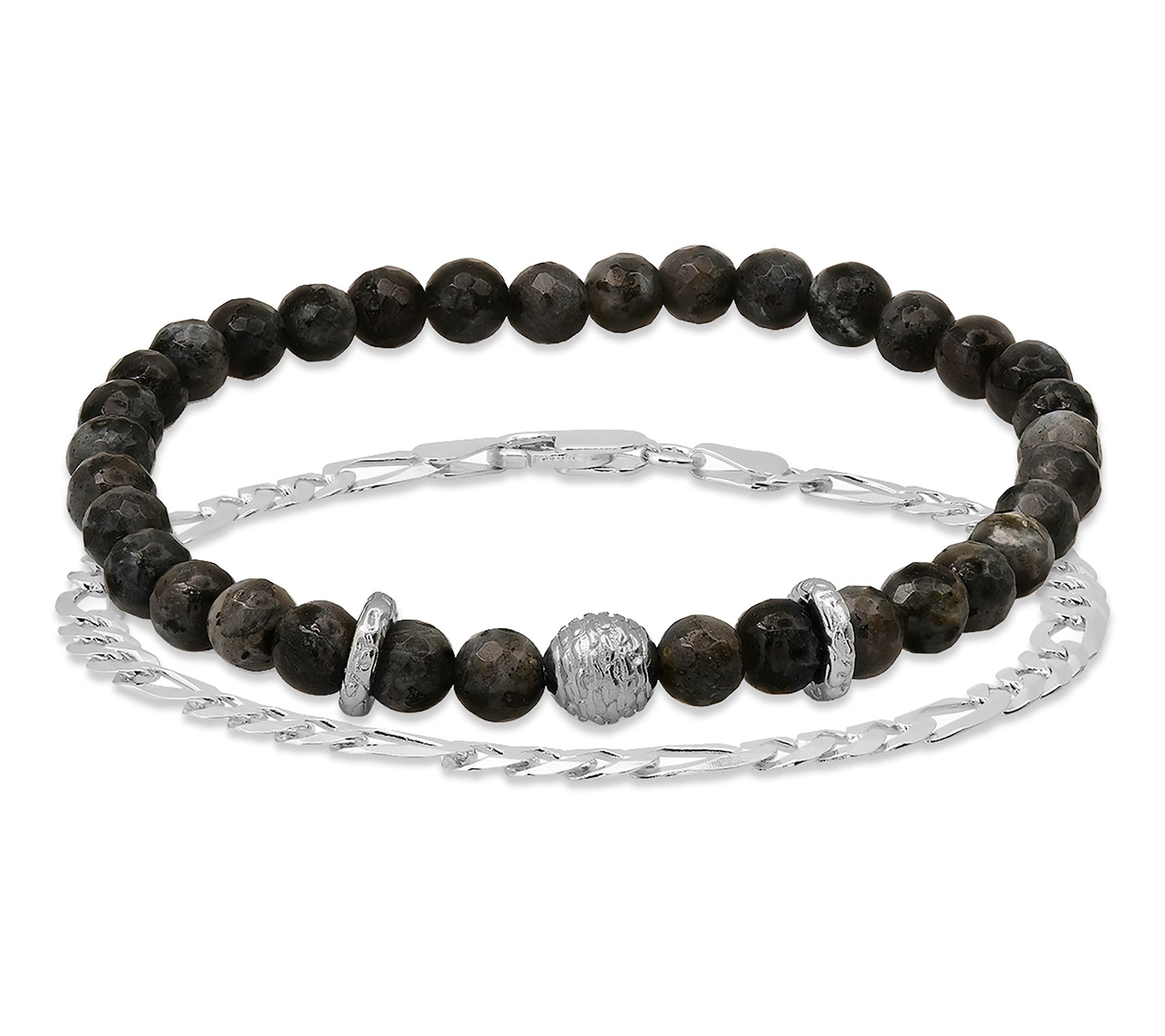 Men's Sterling Silver Grey Agate Bead & FigaroChain Bracelet