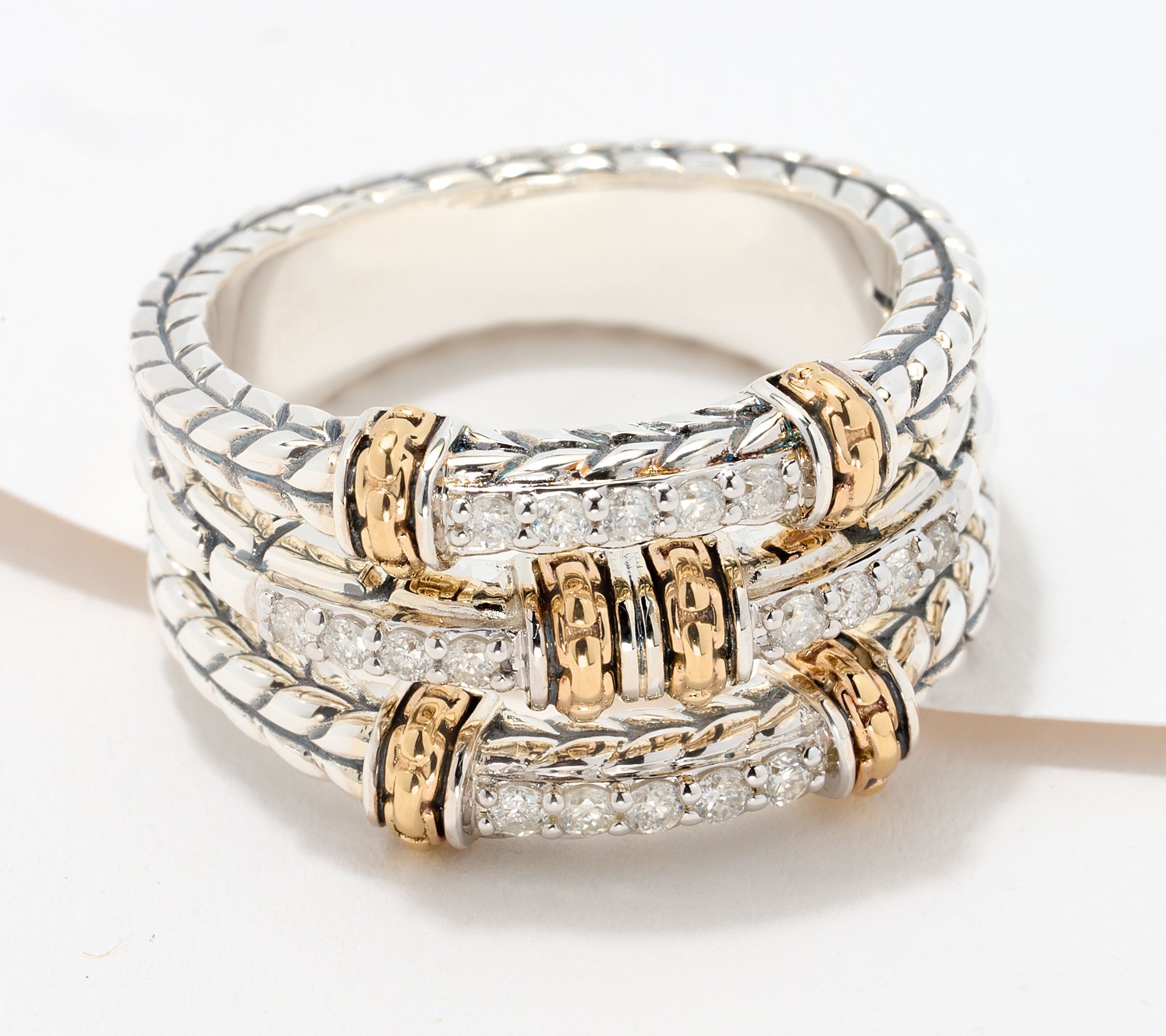 JAI 14K Gold & Sterling Silver Diamond Triple Row Ring