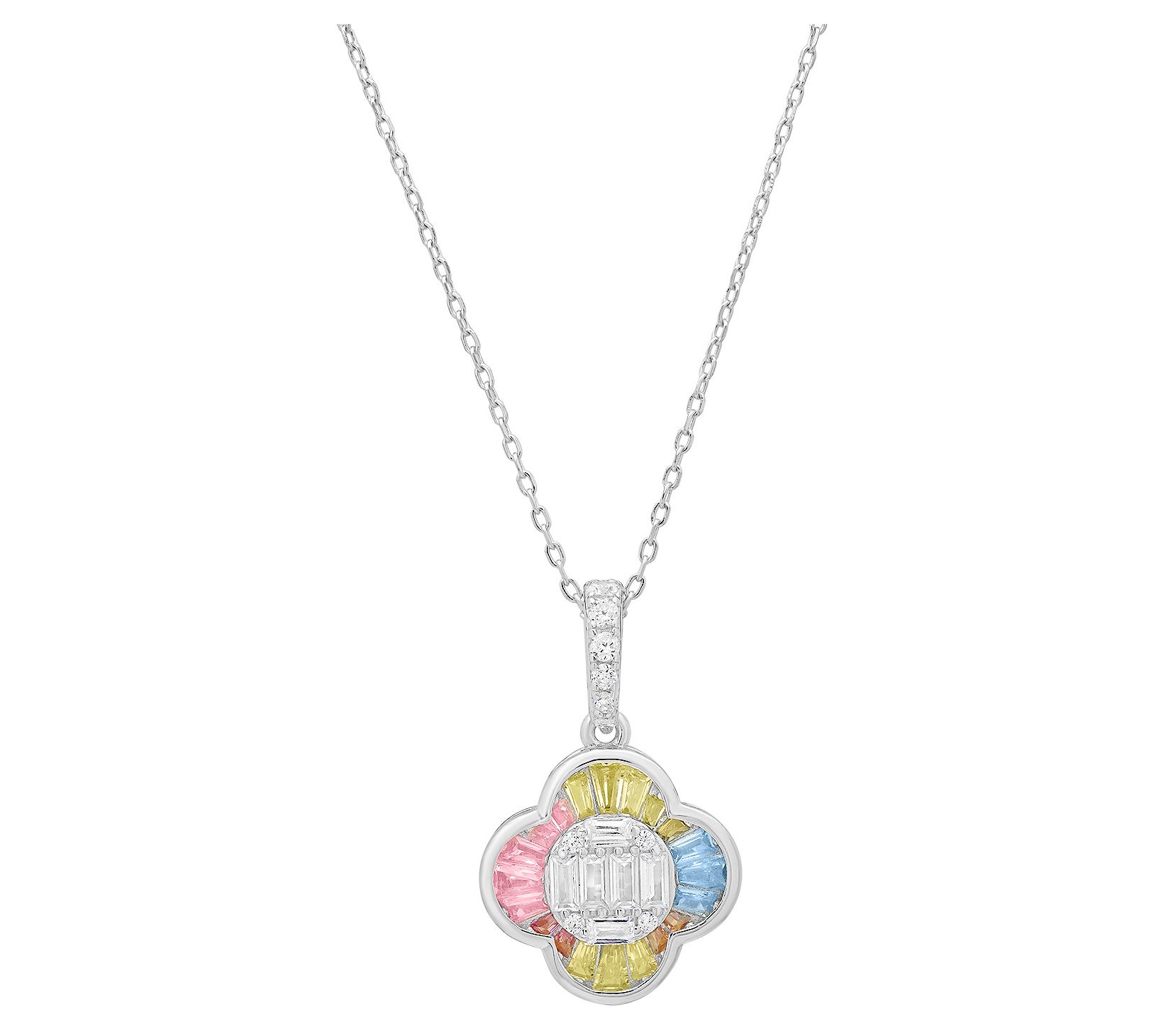 Diamonique Pastel Clover Pendant w/ Chain, Sterling Silver