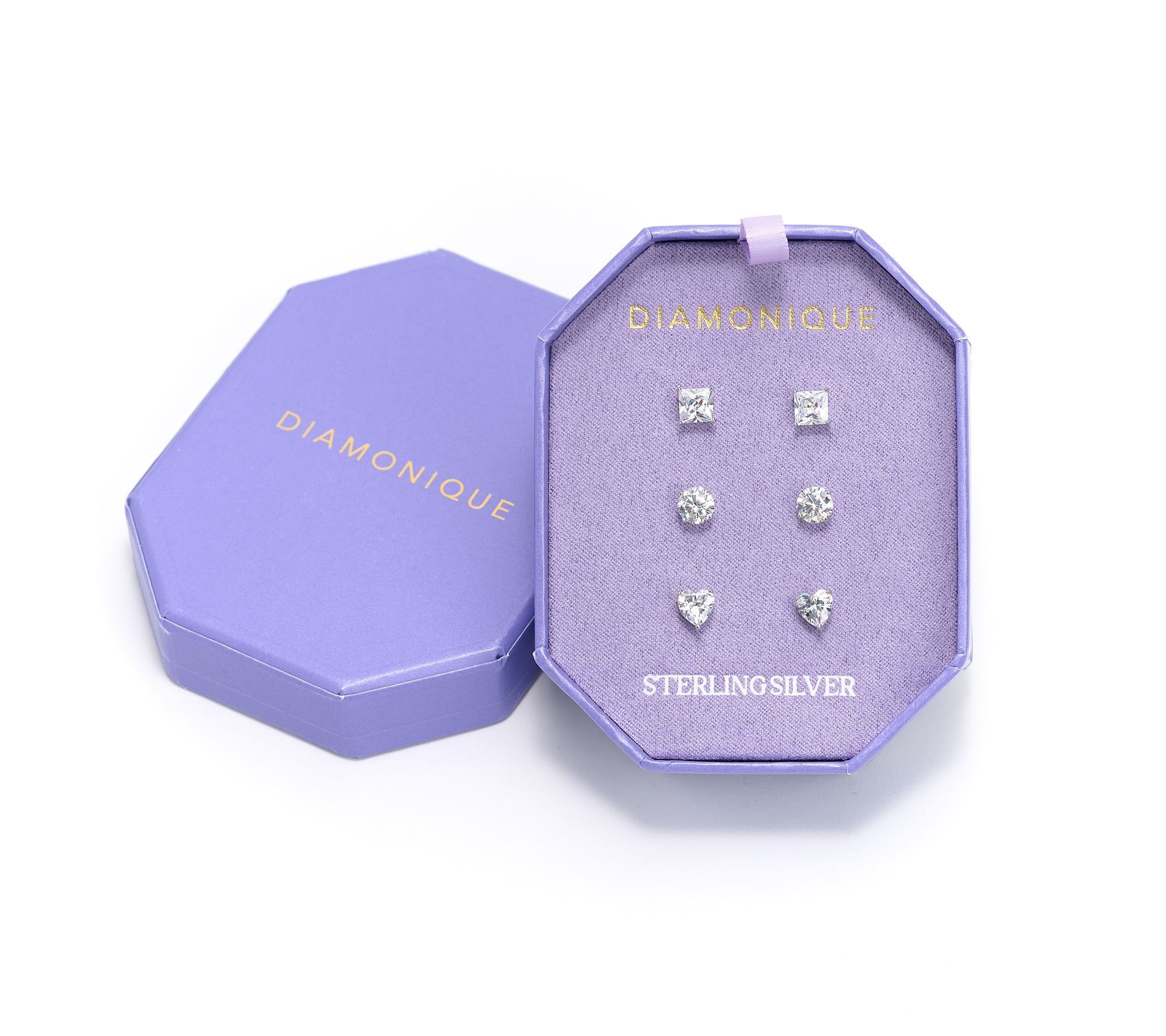 Diamonique Set of 3 Mixed Cut Stud Earrings w/ Box Sterling Silver