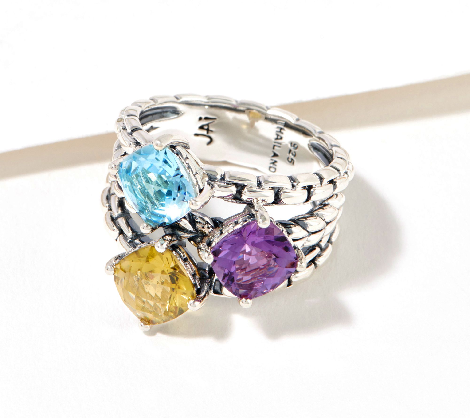 (QVC) JAI Gemstone Box Chain Celebration Ring, Sterling Silver