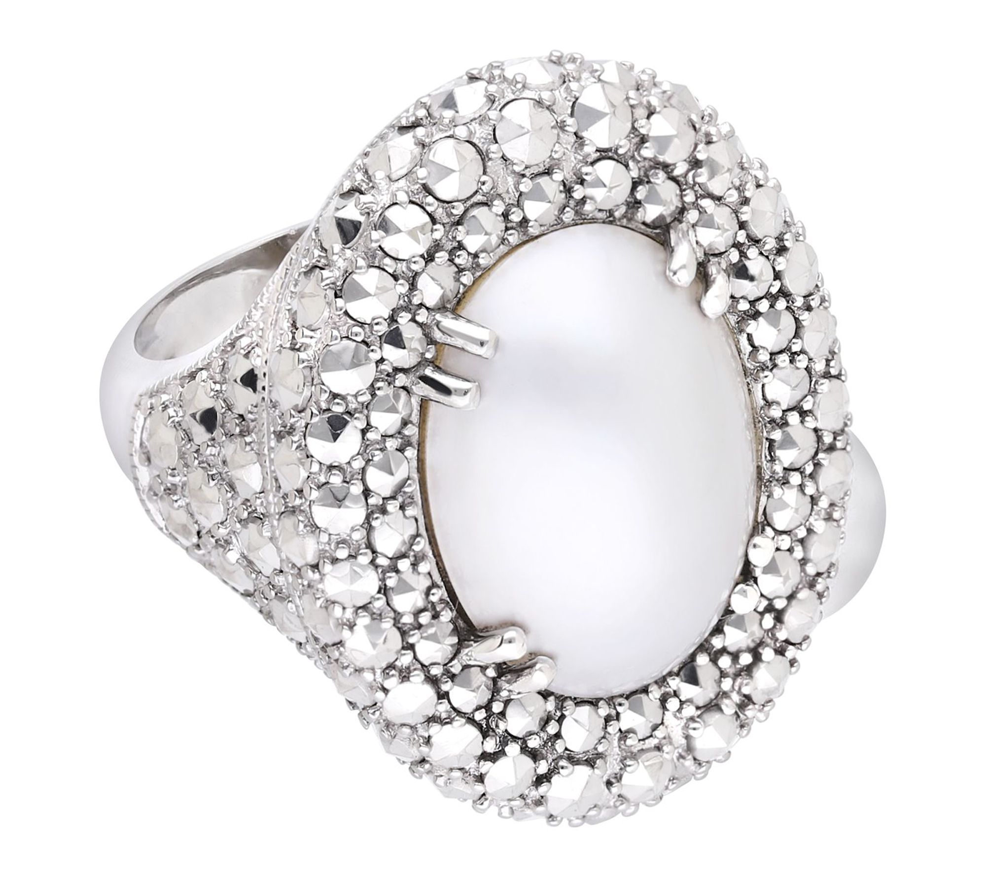 Dallas Prince Sterling Chrome Marcasite White Mabe Pearl Ring
