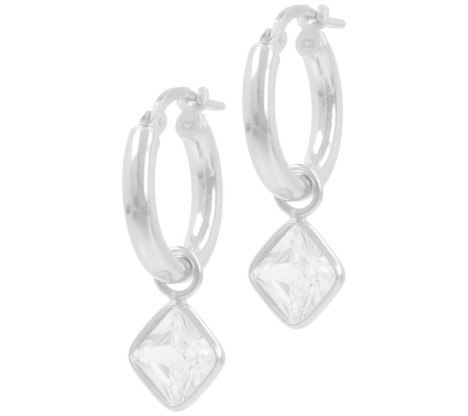 Diamonique Hoop Earrings with Charm Dangle, S terling Silver