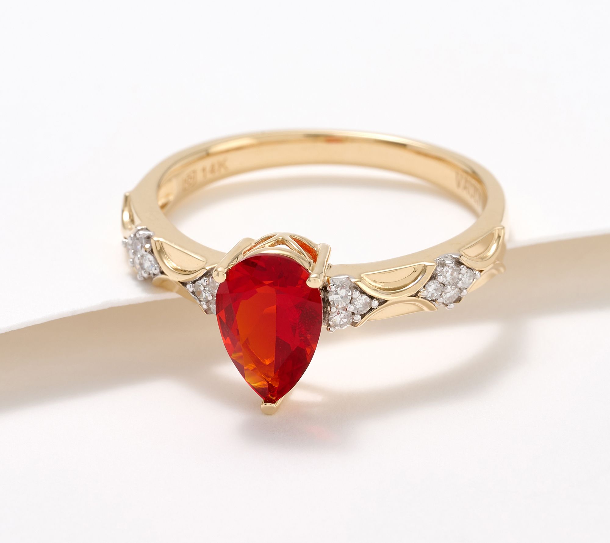"As Is" Vault Pear Cut Red Fire Opal Ring, 14K Gold
