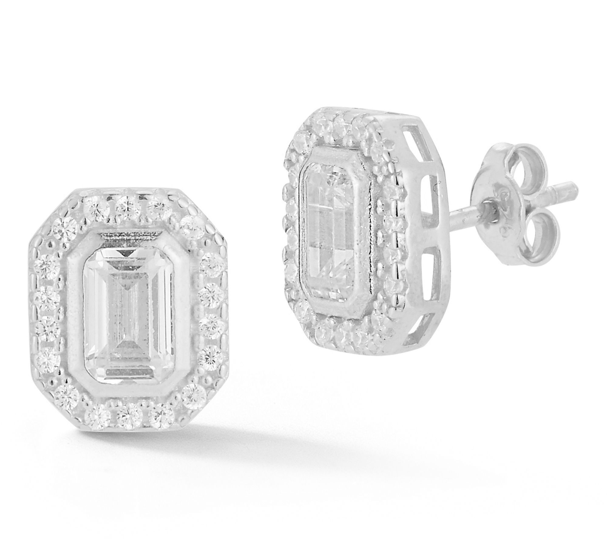 Sterlina Silver Pave Emerald Cut Stud Earrings,Sterling