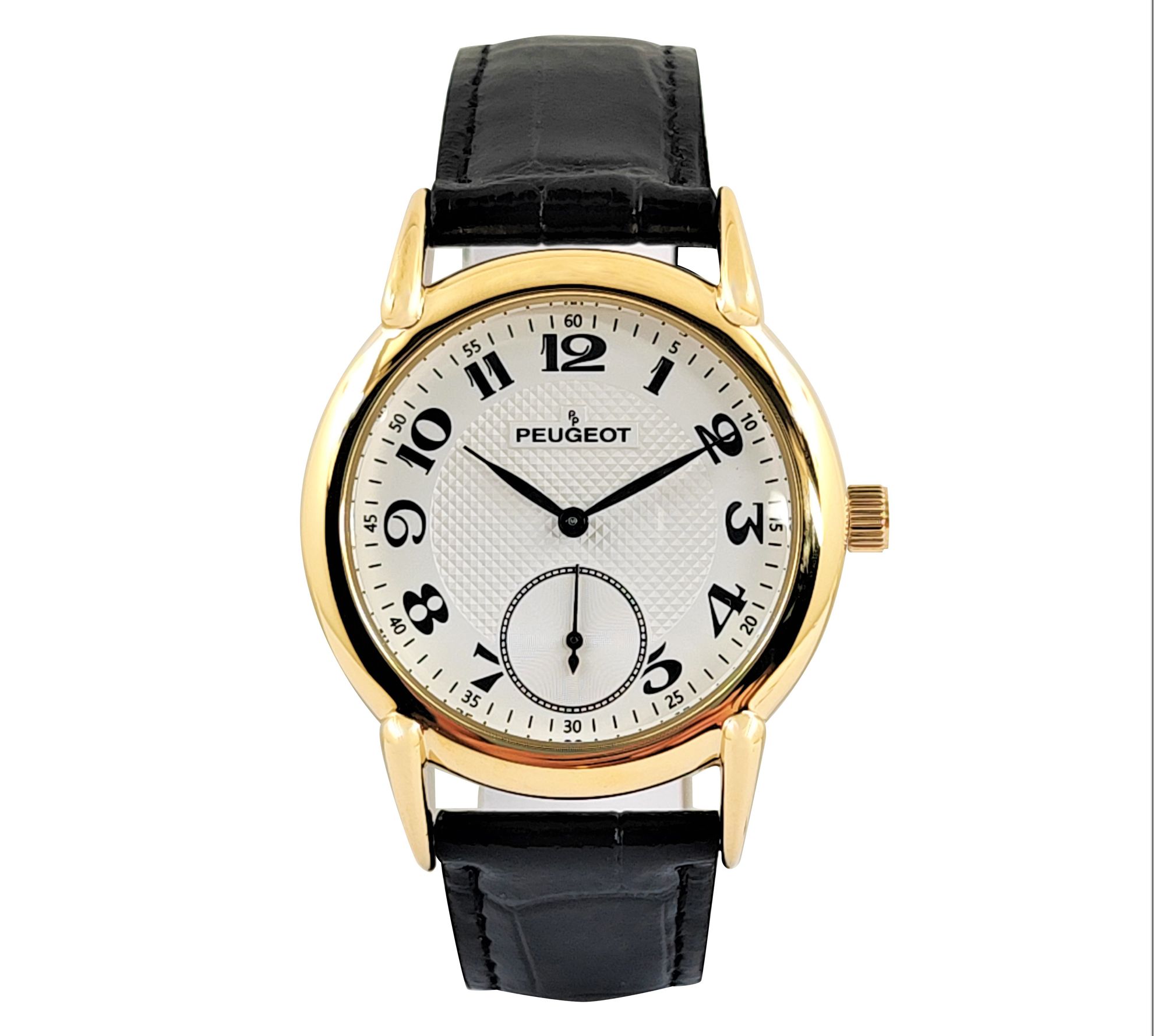 Puegeot Men's Vintage Goldtone Black Leather Watch