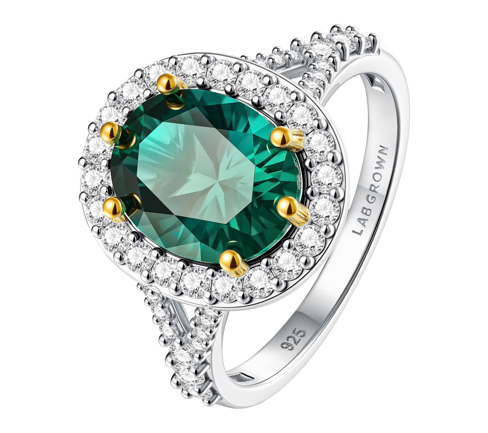 Fire Light Grown Diamond Halo & Oval Emerald Ring, Sterling