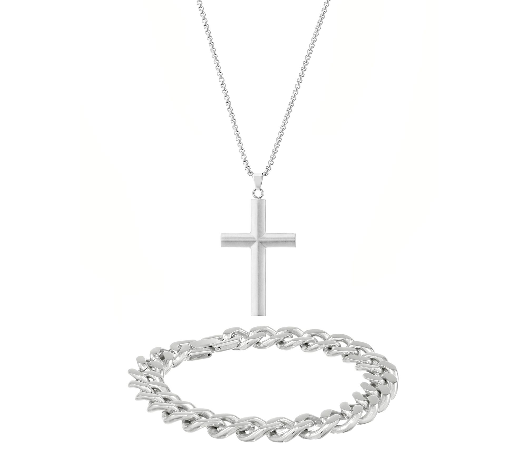 LYNX Men's Stainless Cross Necklace & BraceletSet - QVC.com
