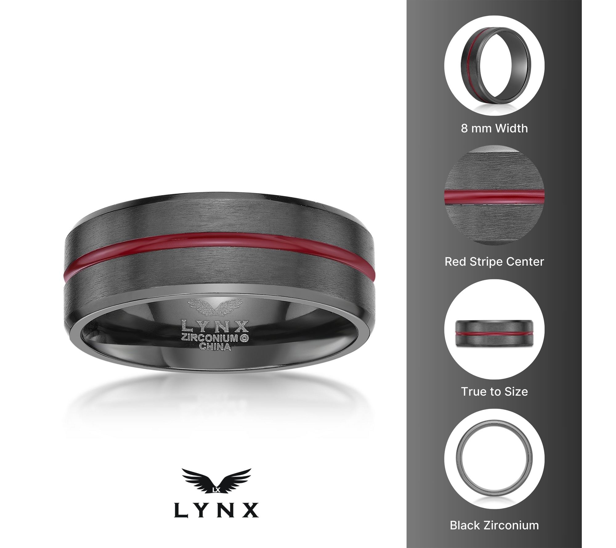LYNX Men's 8MM Black Zirconium Red Stripe BandRing