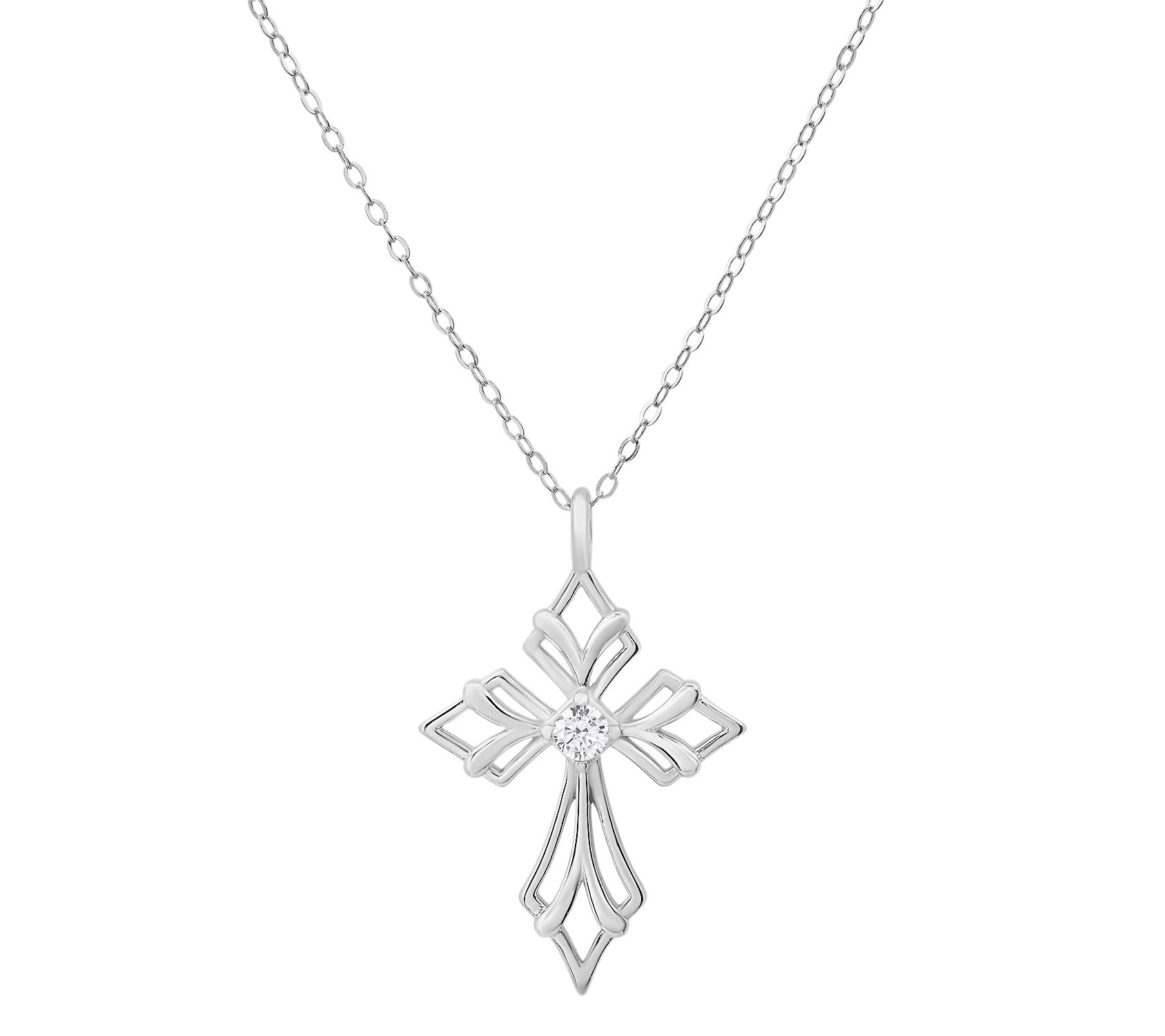 Diamonique Vintage Art Deco Cross Pendant w/ Chain, Sterling