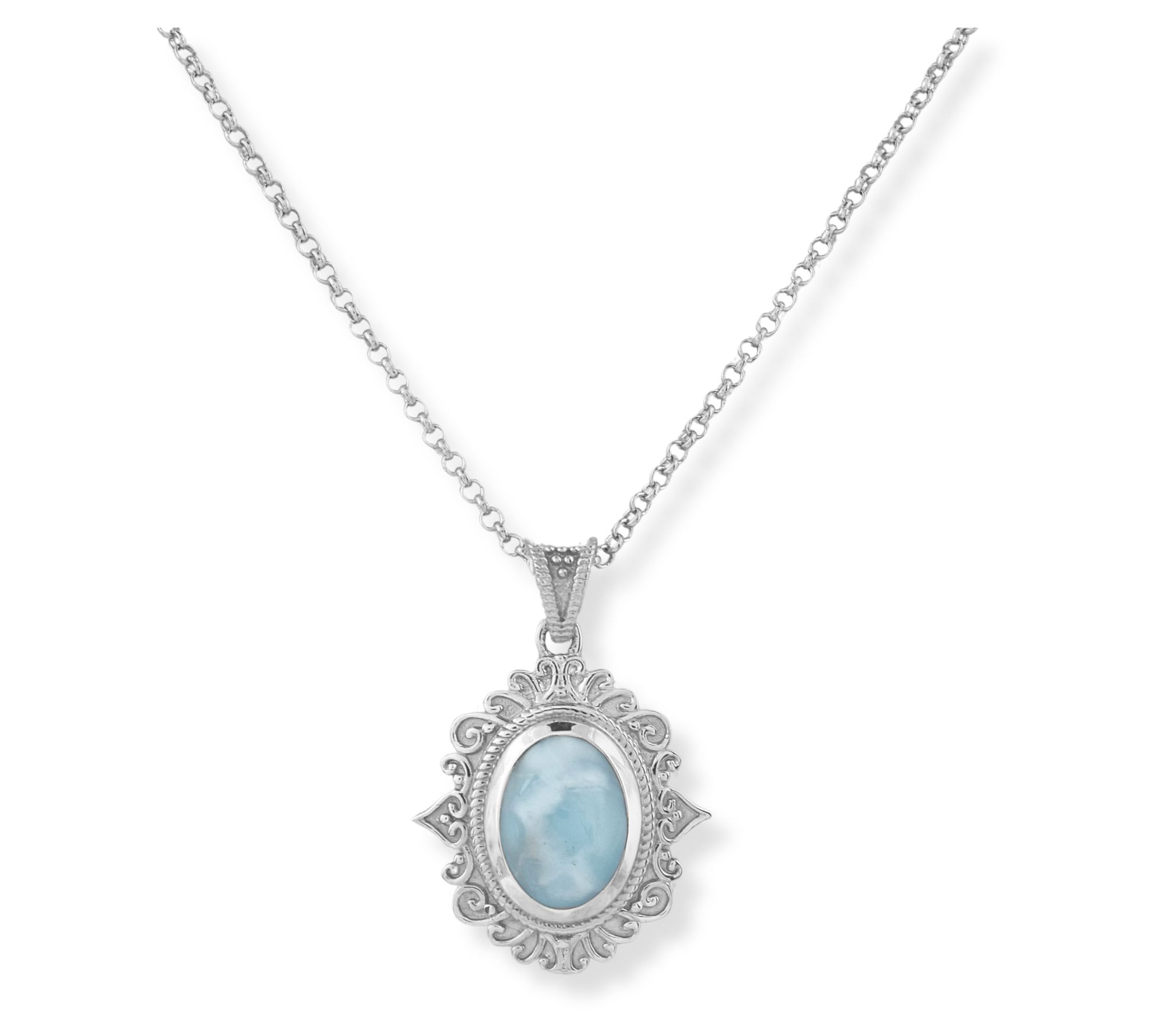 Artisan Crafted Larimar Solitaire Pendant w /Chain, Sterling