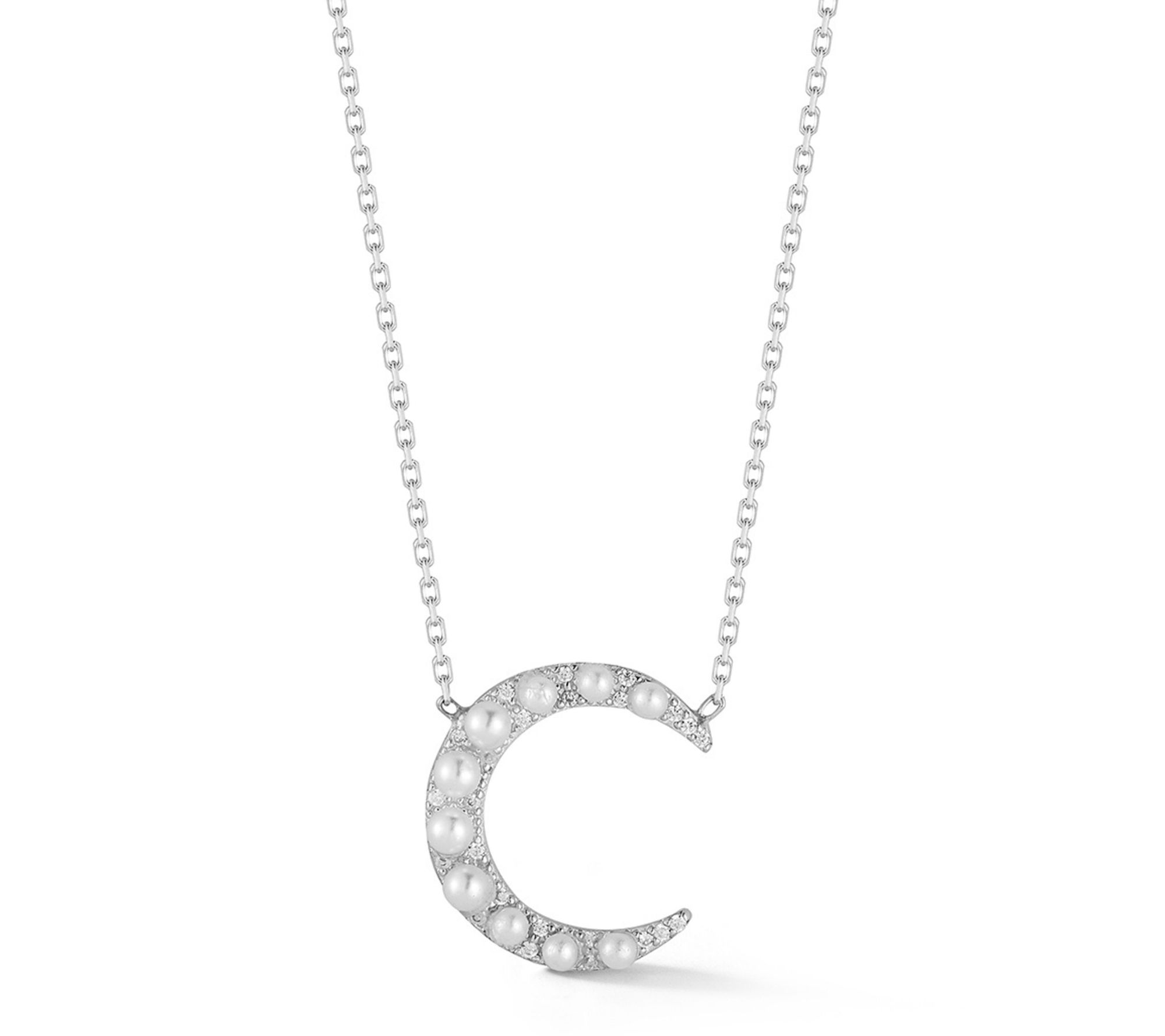 Sterlina Silver Cultured Pearl Crescent Moon Necklace,Sterling