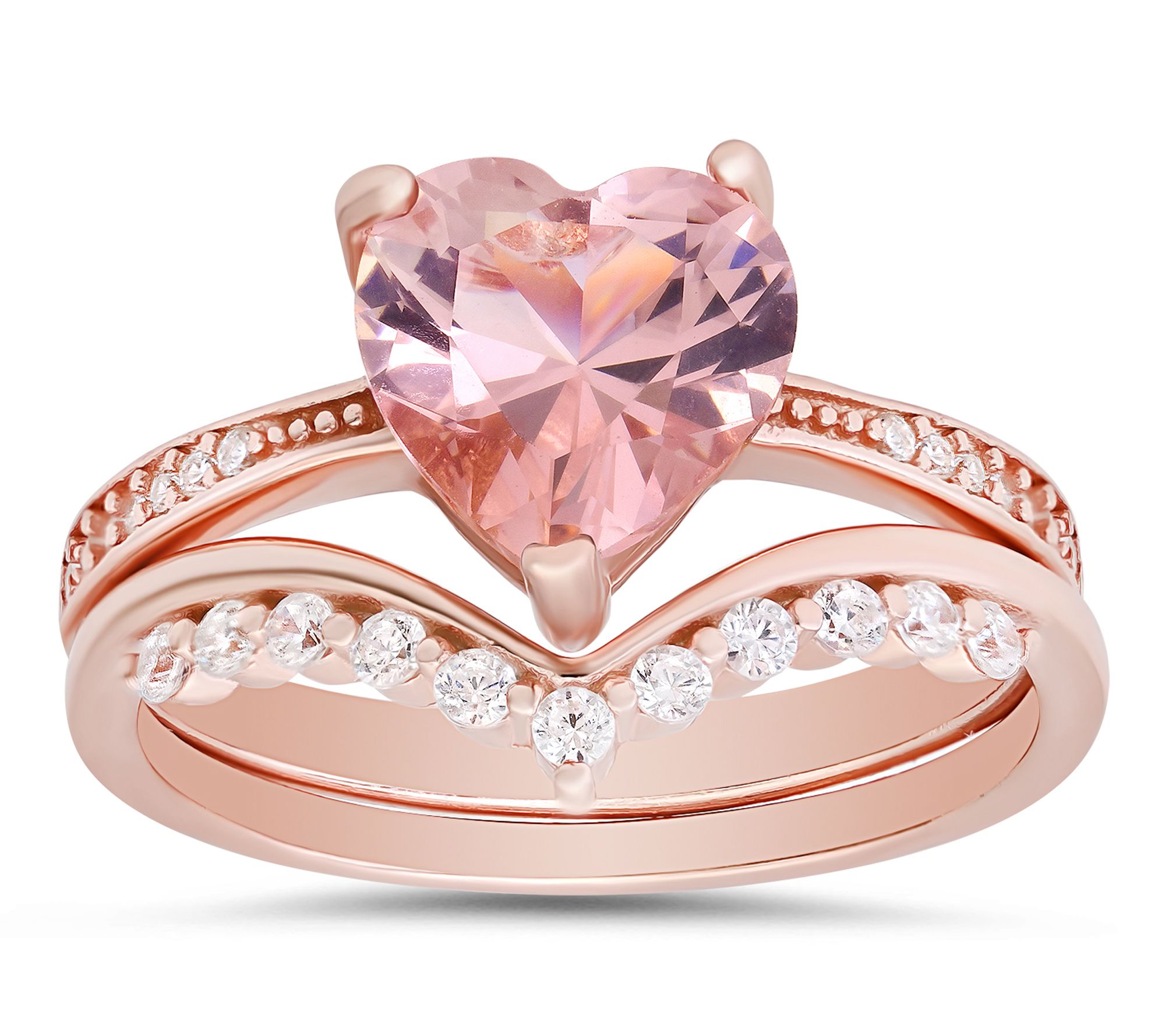 Diamonique Rosetone Pink Heart Stackable Ring Set, Sterling