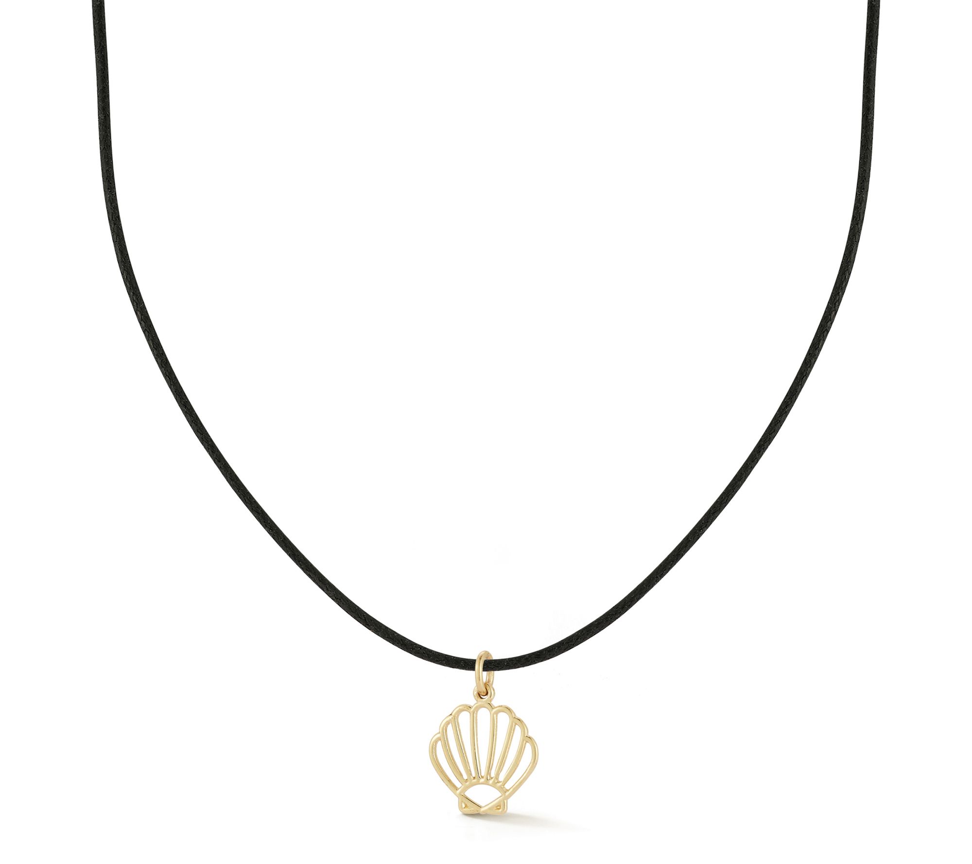 Italian Gold Scallop Shell Pendant w/ Black Cord Chain, 14K