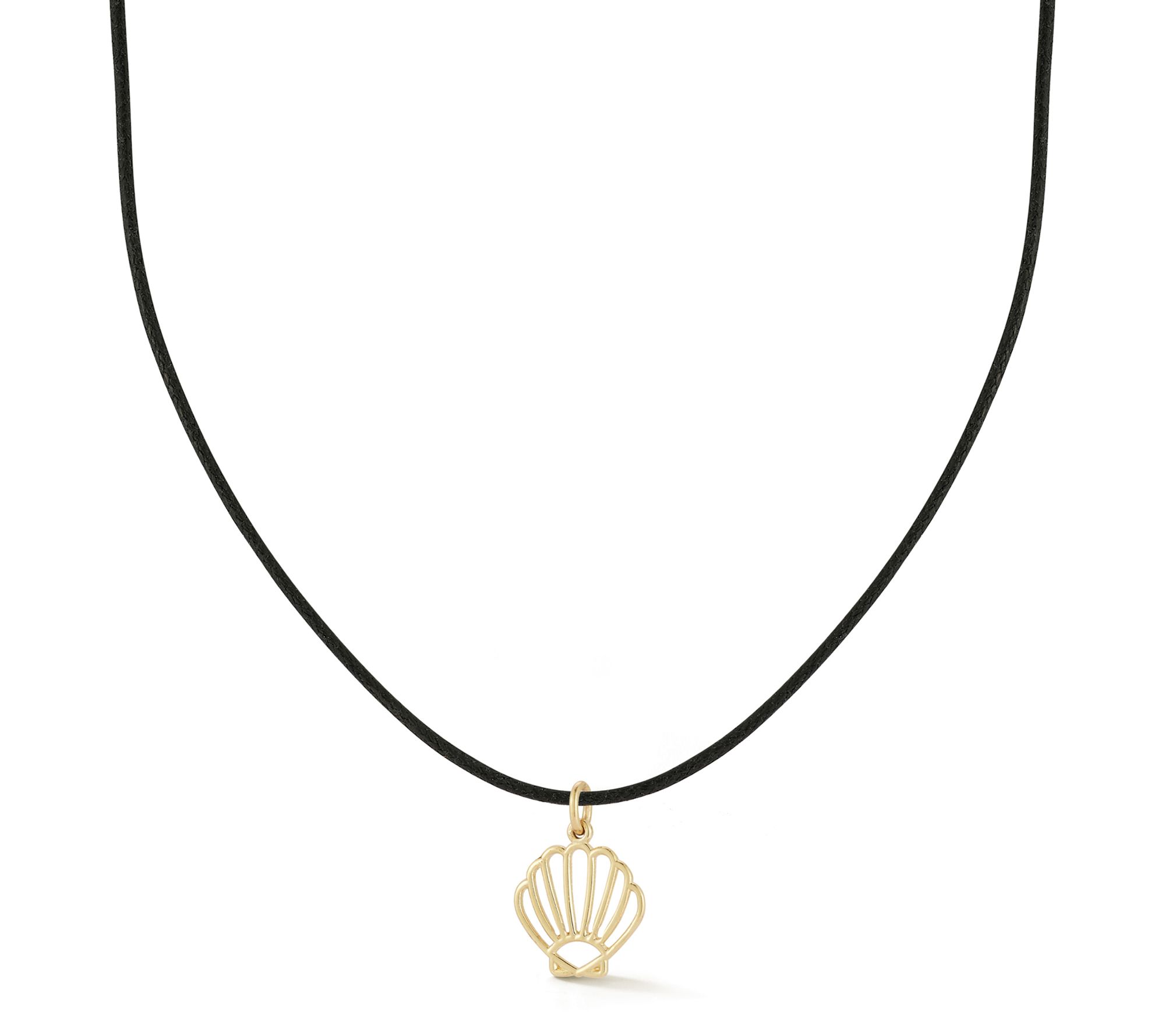 Italian Gold Scallop Shell Pendant w/ Black Cord Chain, 14K