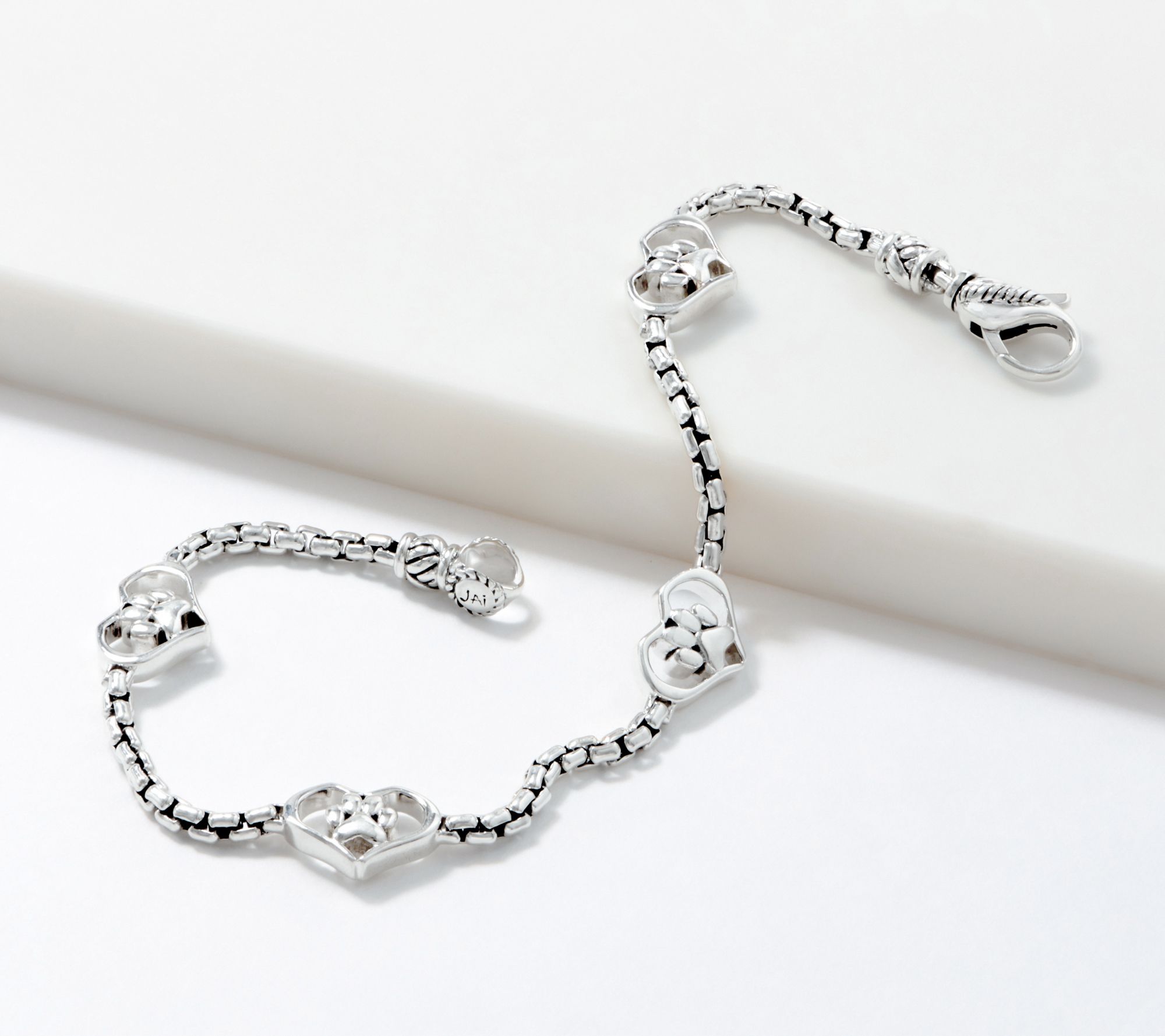 JAI Sterling Silver Symbols of Love Box Chain Station Bracelet