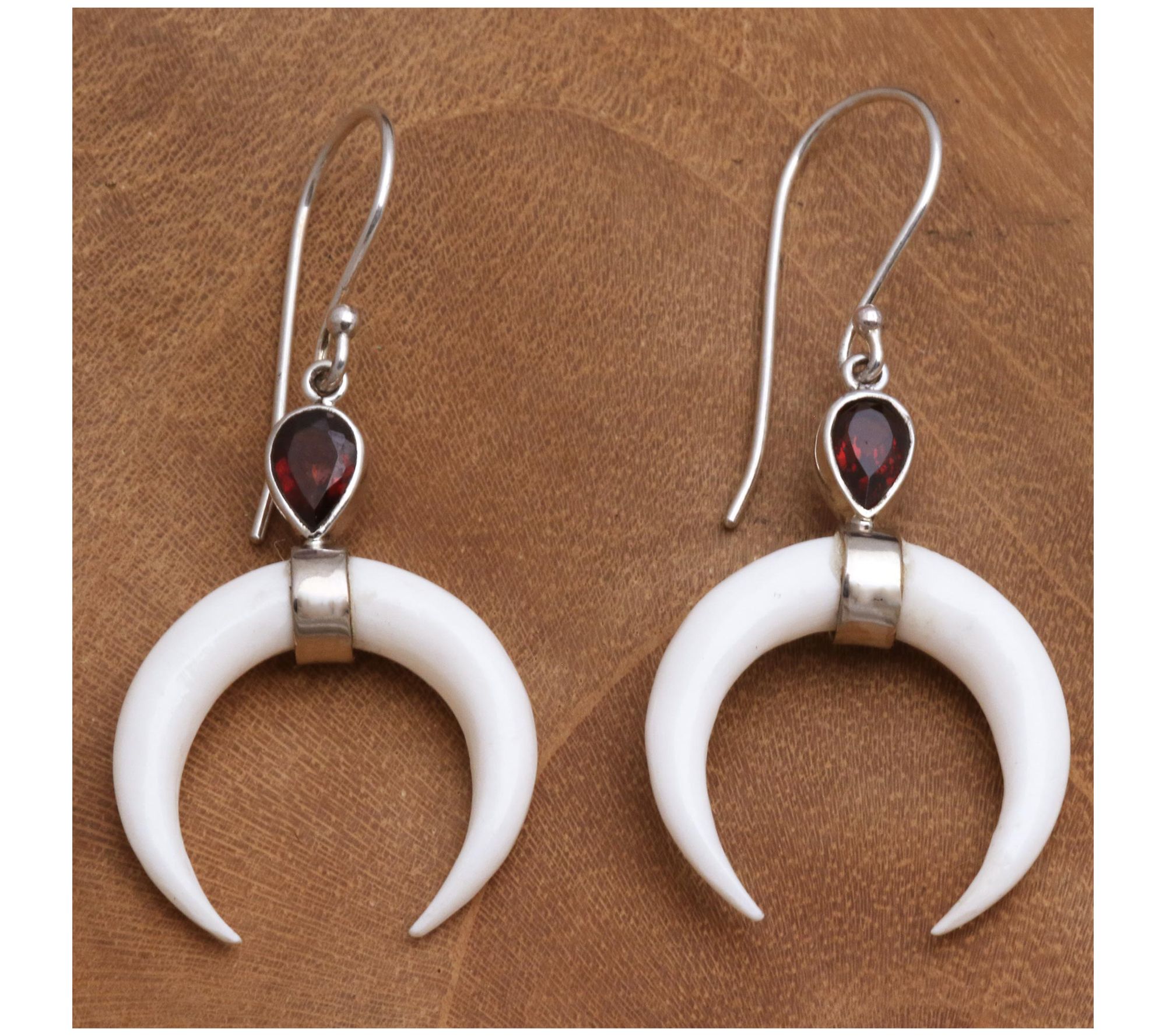 Novica Artisan Crafted Garnet & Bone Crescent E arrings