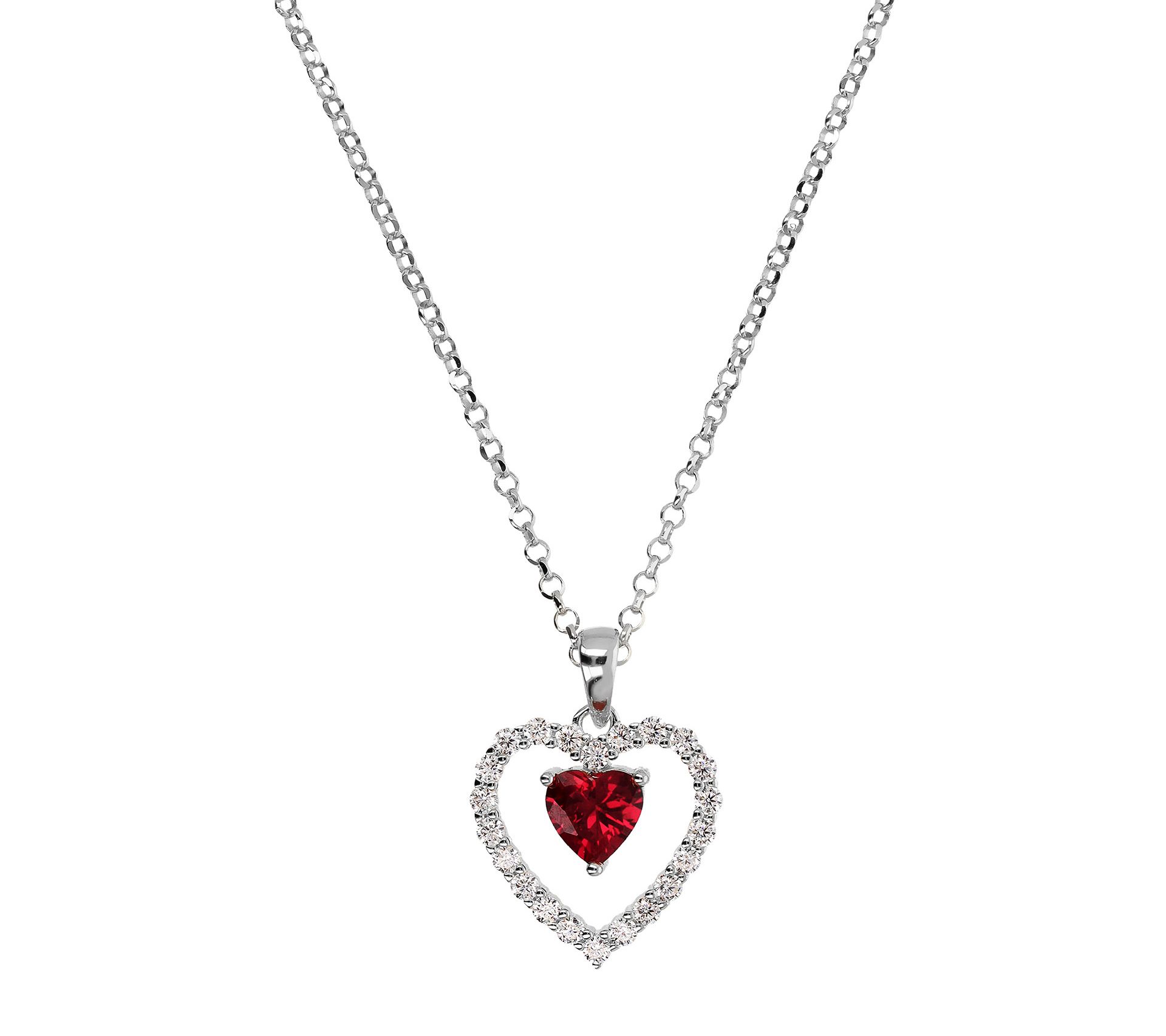 Diamonique Red Heart Pendant w/ Chain, Sterling Silver