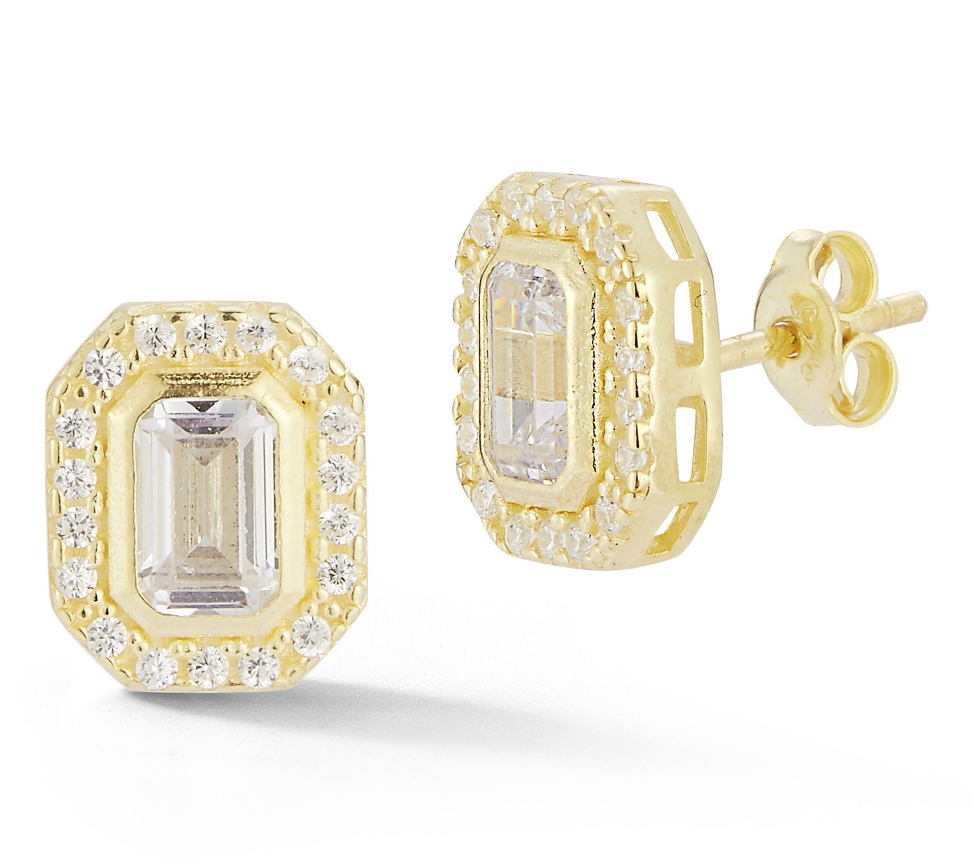 Sterlina Silver Emerald Cut Stud Earrings, 14KGold Plated