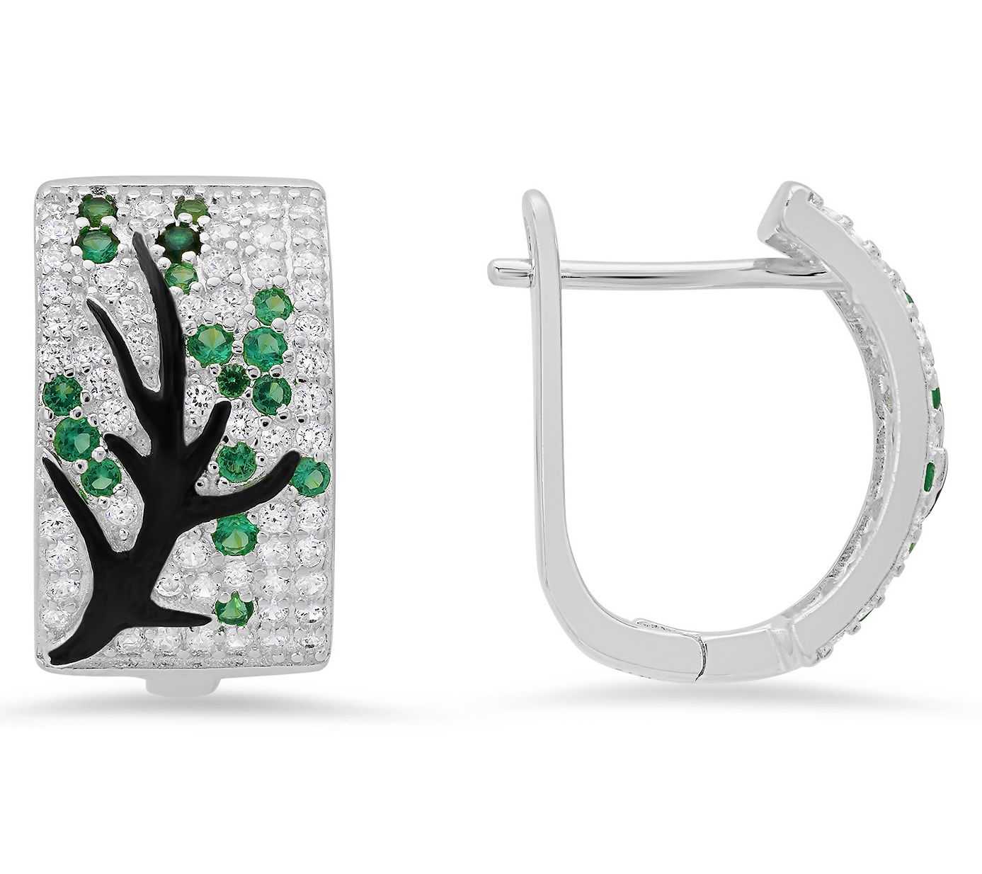 Diamonique & Enamel Tree of Life Hoop Earrings,Sterling
