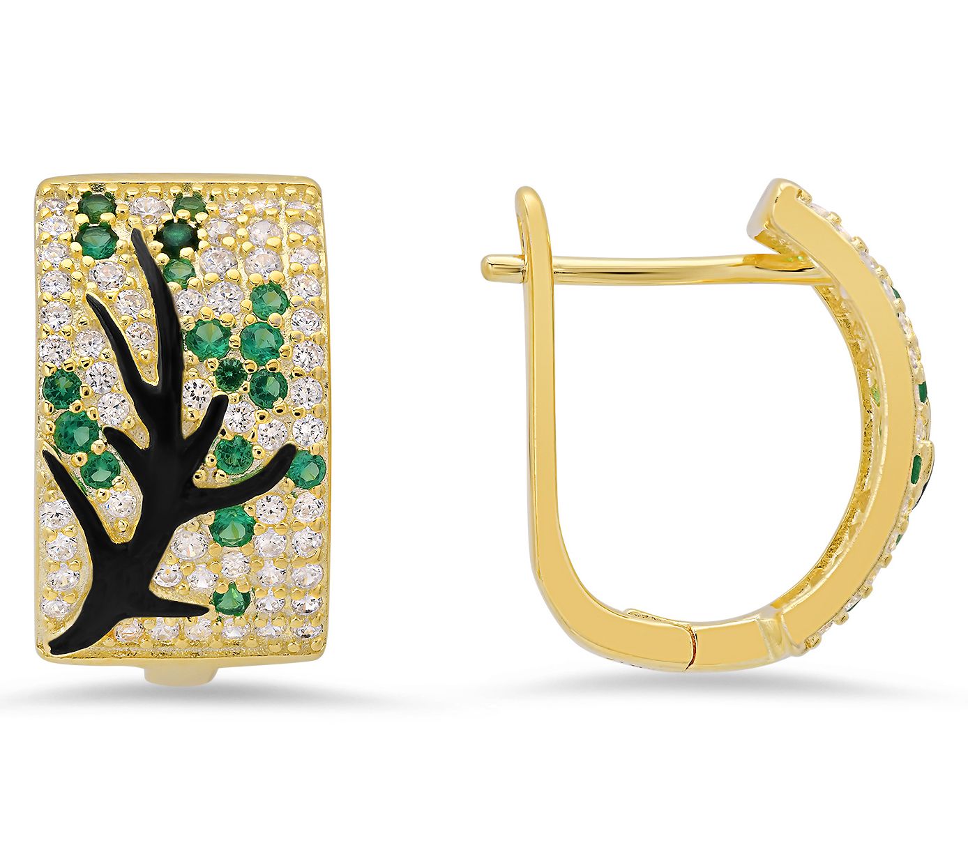 Diamonique & Enamel Tree of Life Hoop Earrings,Sterling