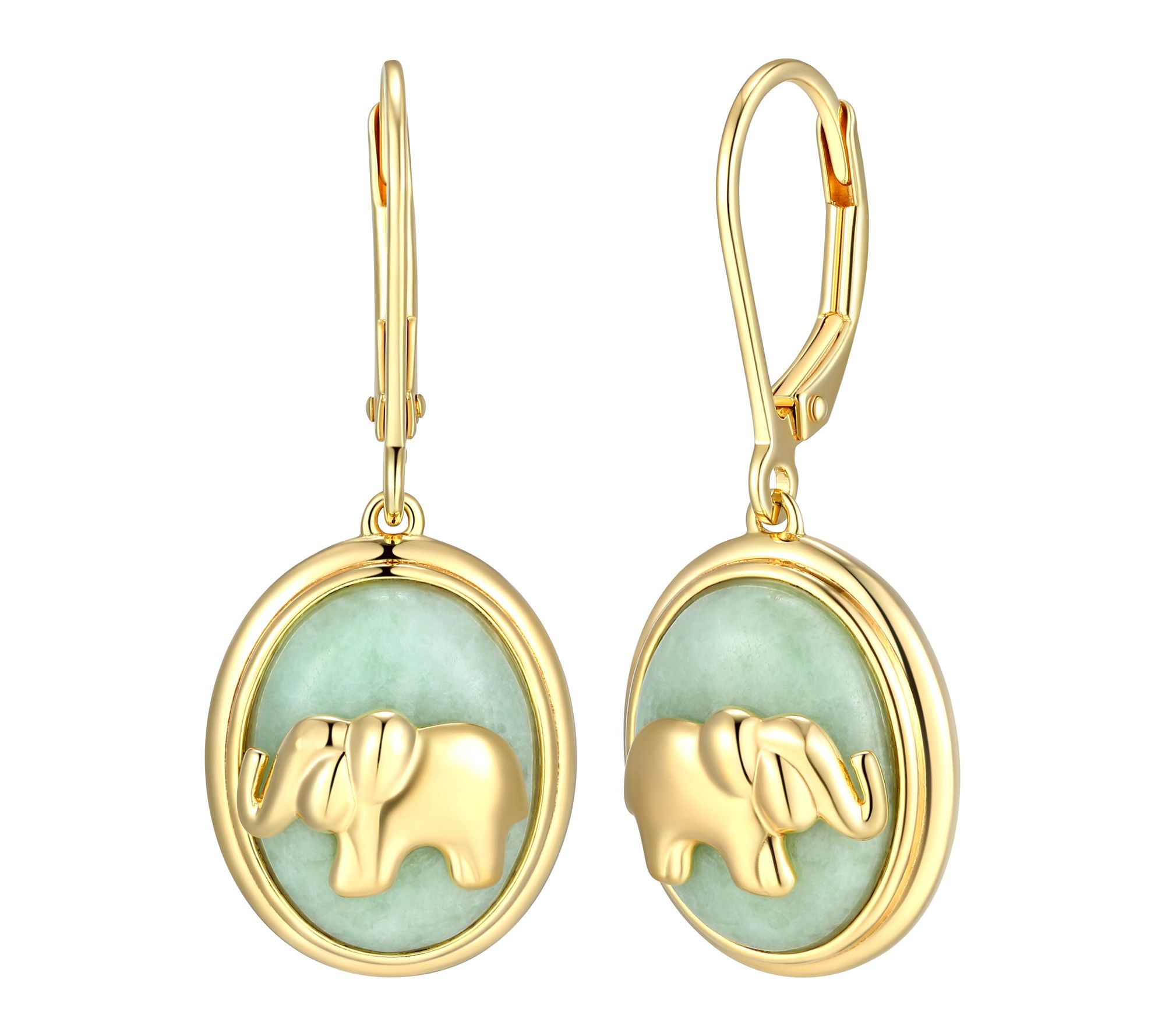 Dynasty Jade El ephant Dangle E arrings,18K Gol d Plated