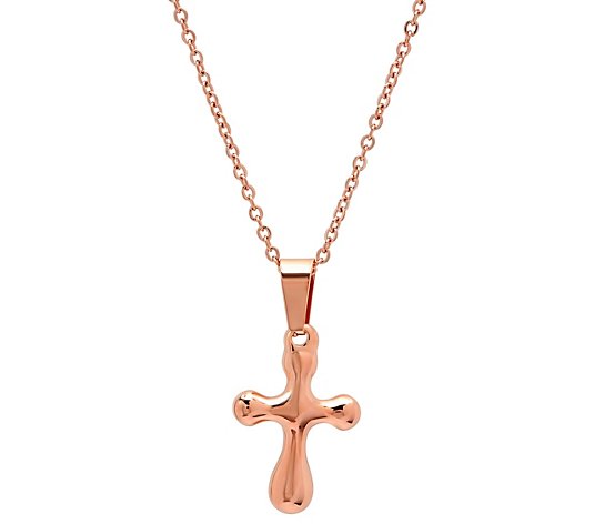 Steel by Design Polished Puffed Cross Pendant with Chain - QVC.com