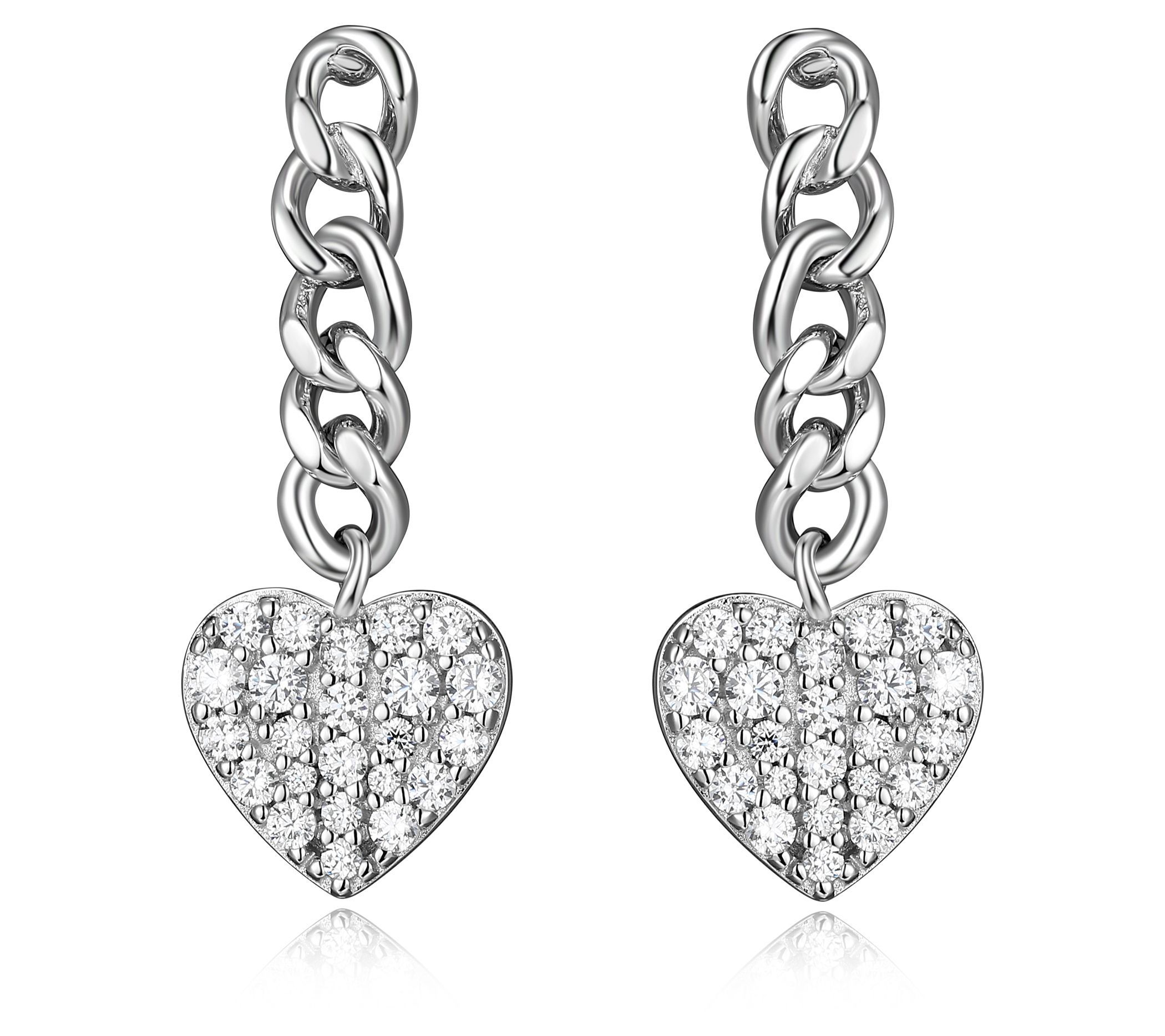 Diamonique Pave Set Heart and Chain Earrings, Sterling