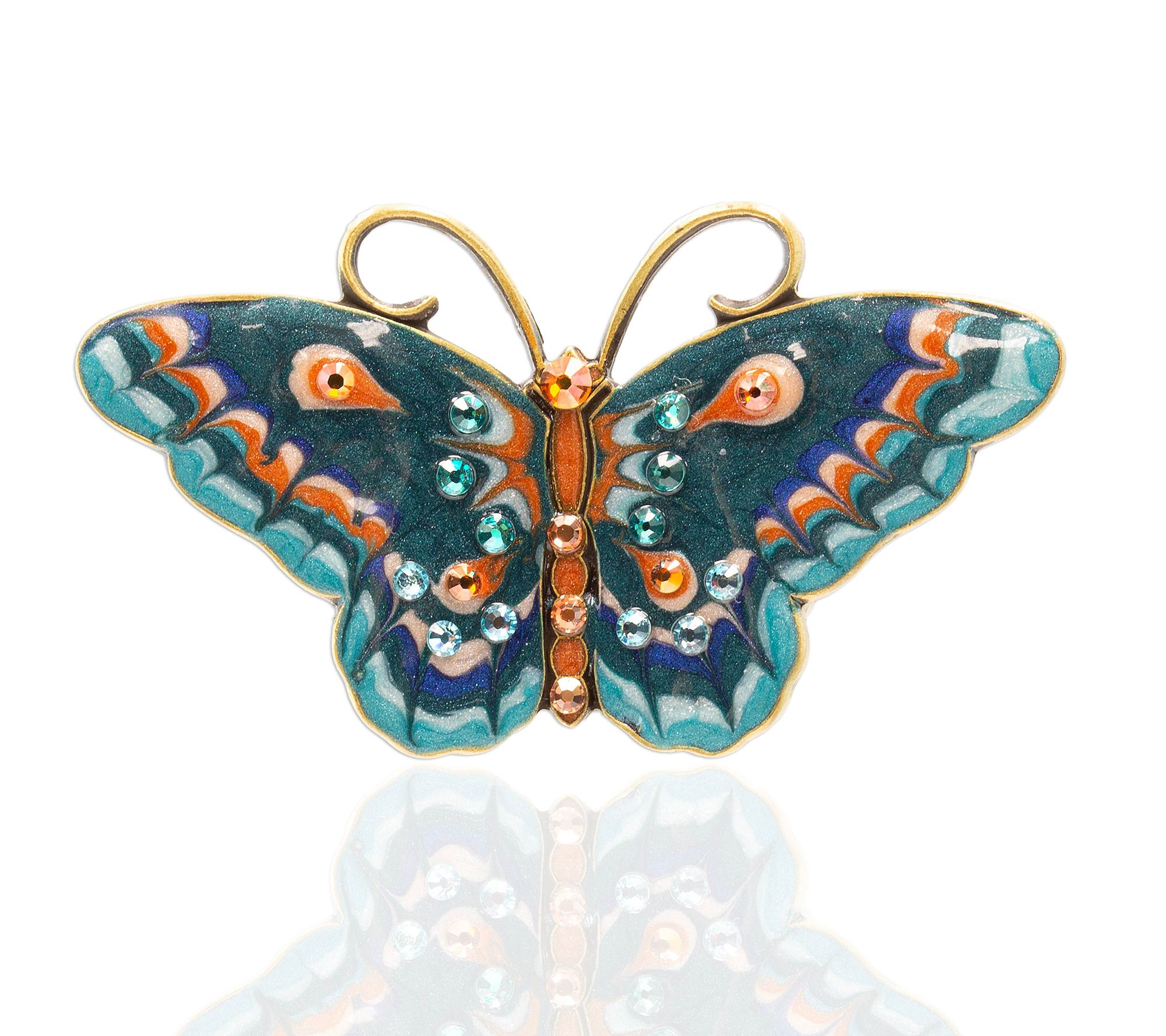 Anne Koplik Teal & Brown Crystal Butterfly Teardrop Pin