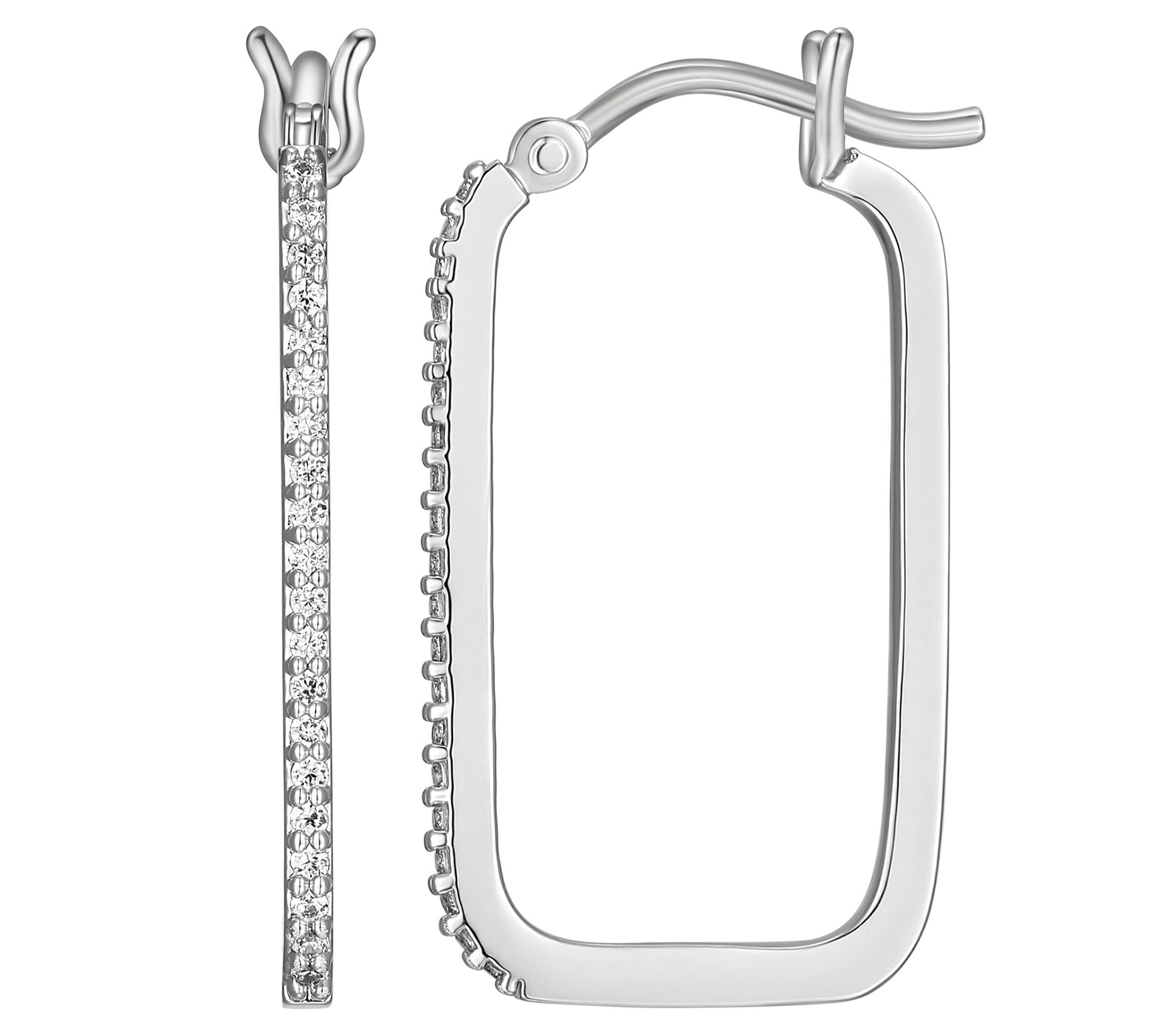 Sterling Silver Diamond Rectangle Hoop Earrings