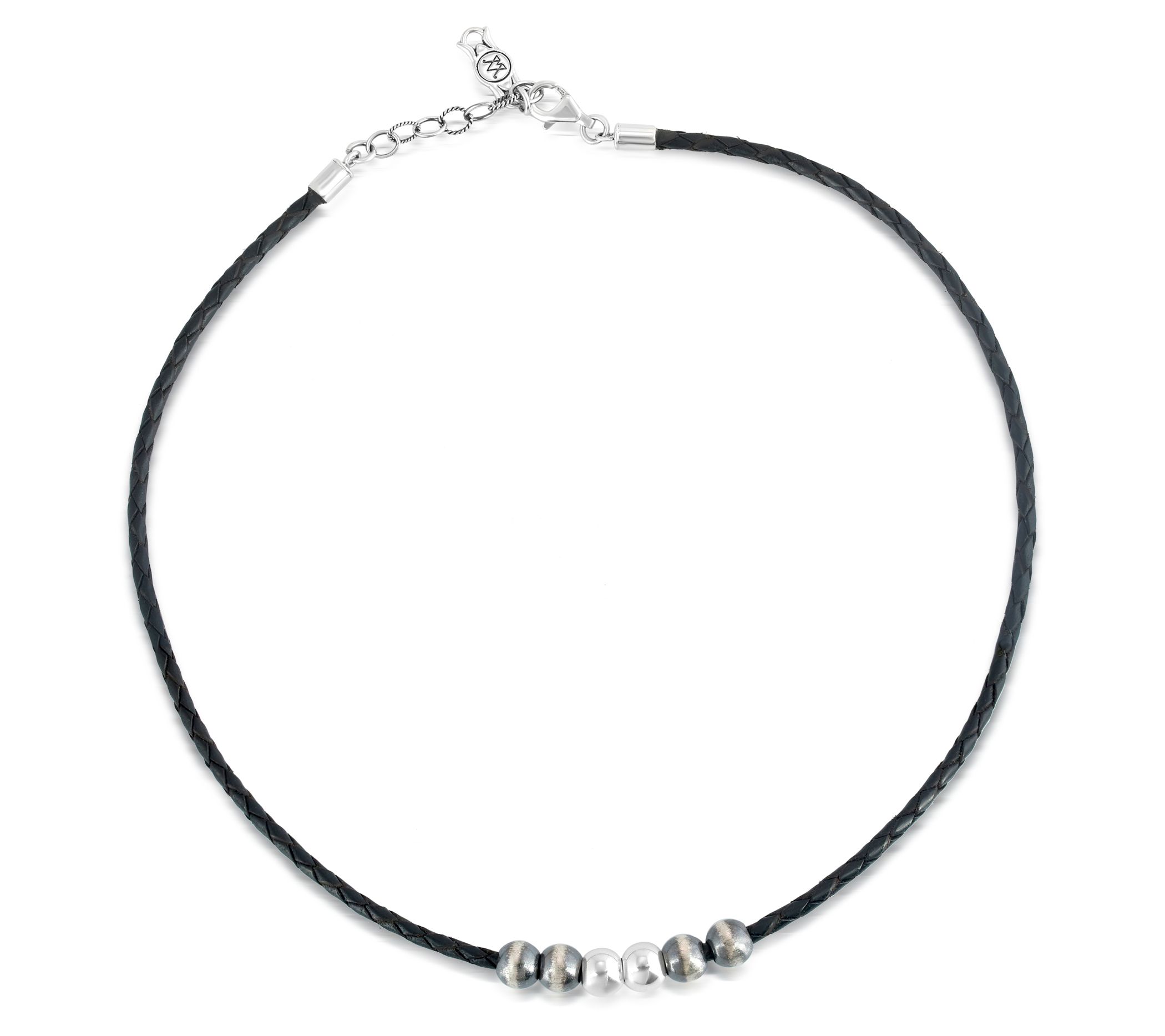 American West Sterling Bead and Braided Leather20" Necklace