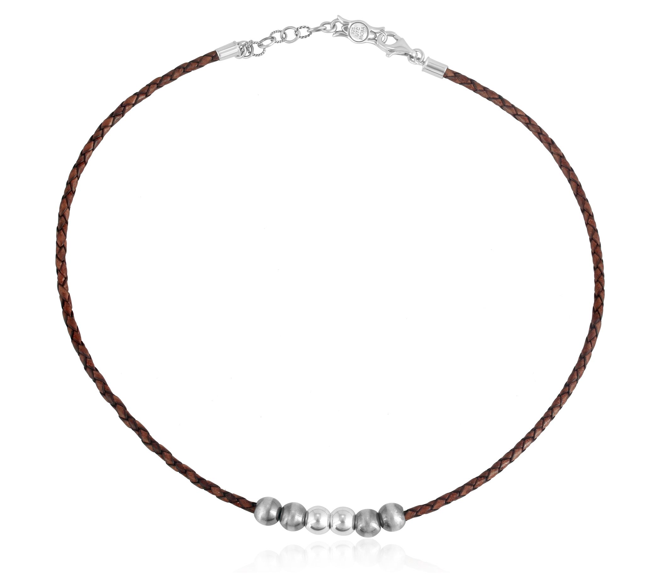 American West Sterling Bead and Braided Leather20" Necklace