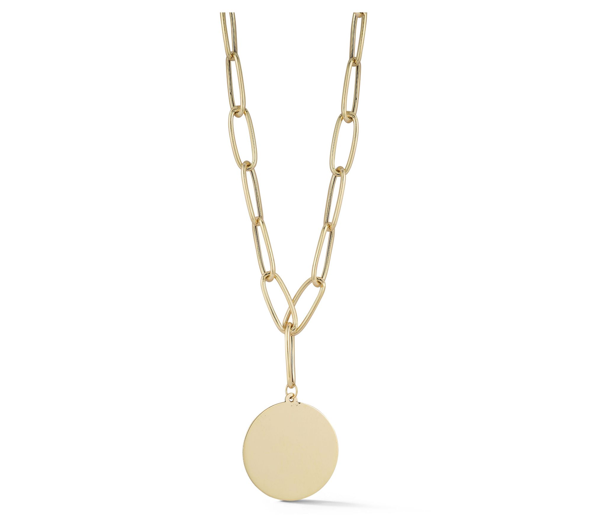 Italian Gold Flat Disc Pendant w/ Paperclip Chain, 14K