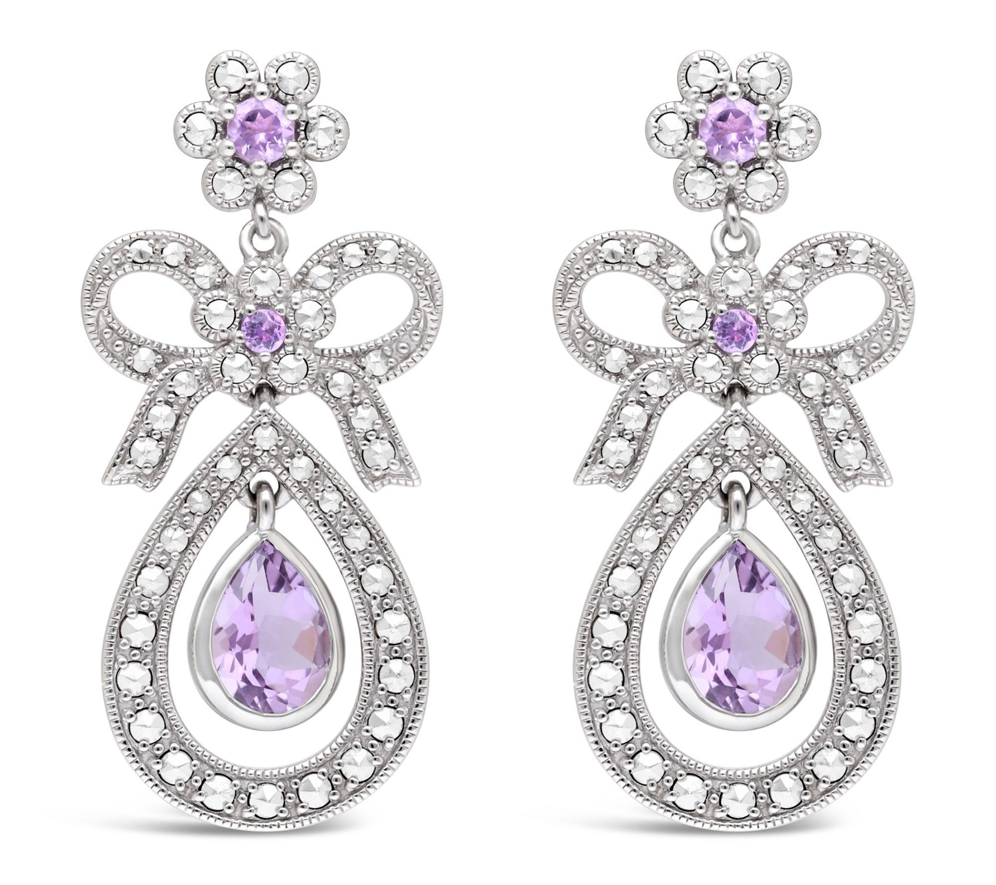 Dallas Prince Sterling Chrome Marcasite Amethyst Drop Earrings